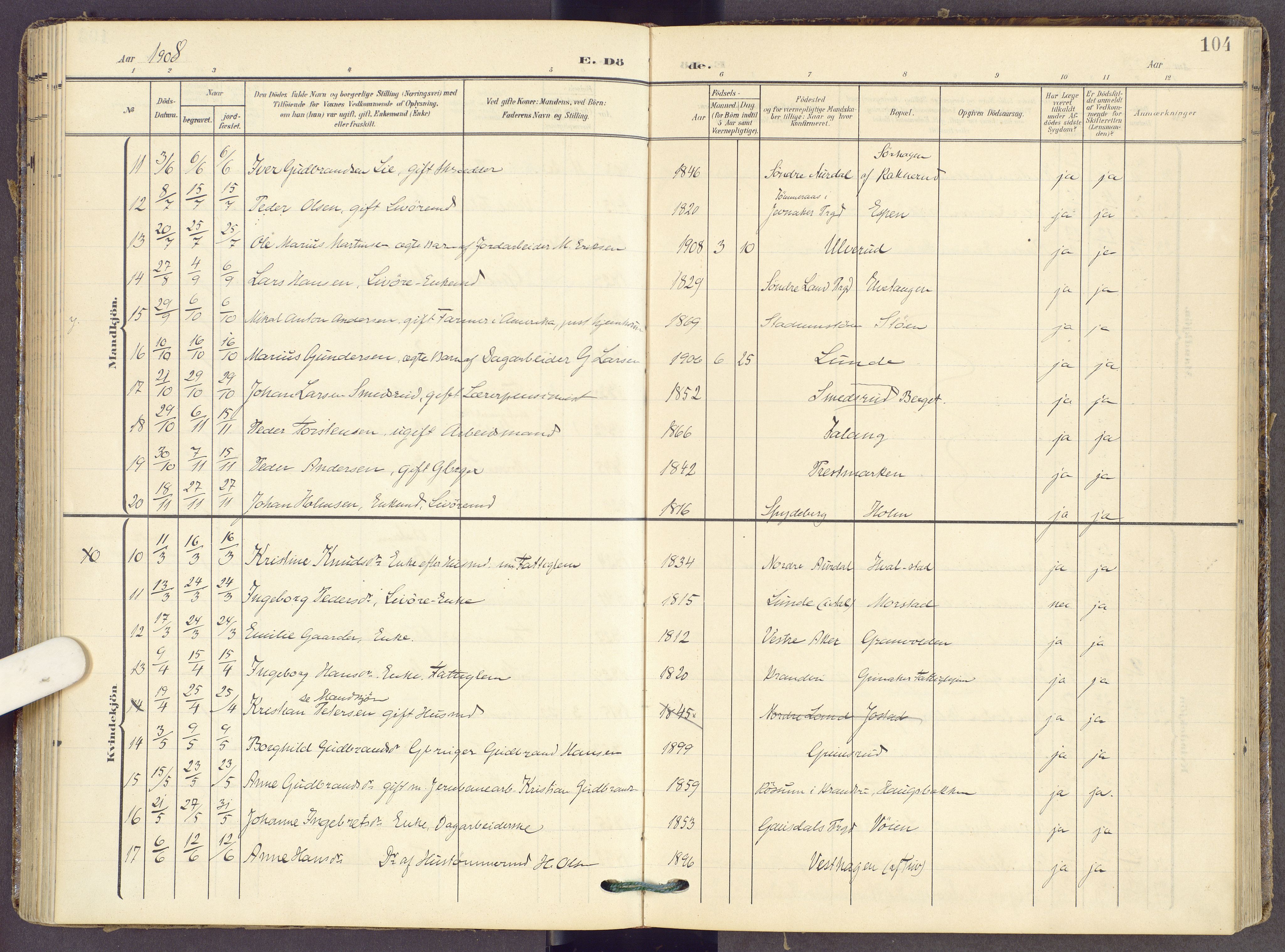 Gran prestekontor, AV/SAH-PREST-112/H/Ha/Haa/L0022: Parish register (official) no. 22, 1908-1918, p. 104