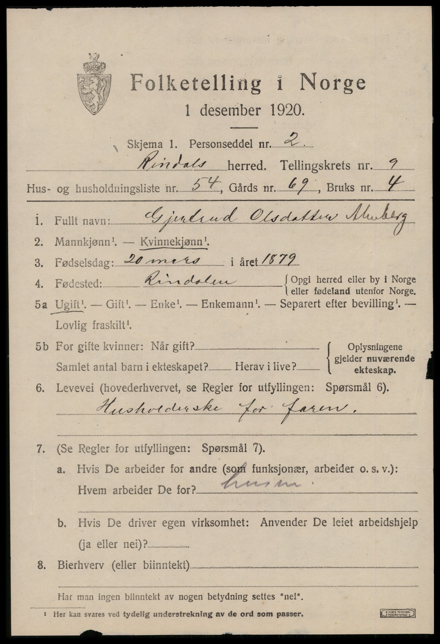 SAT, 1920 census for Rindal, 1920, p. 5150