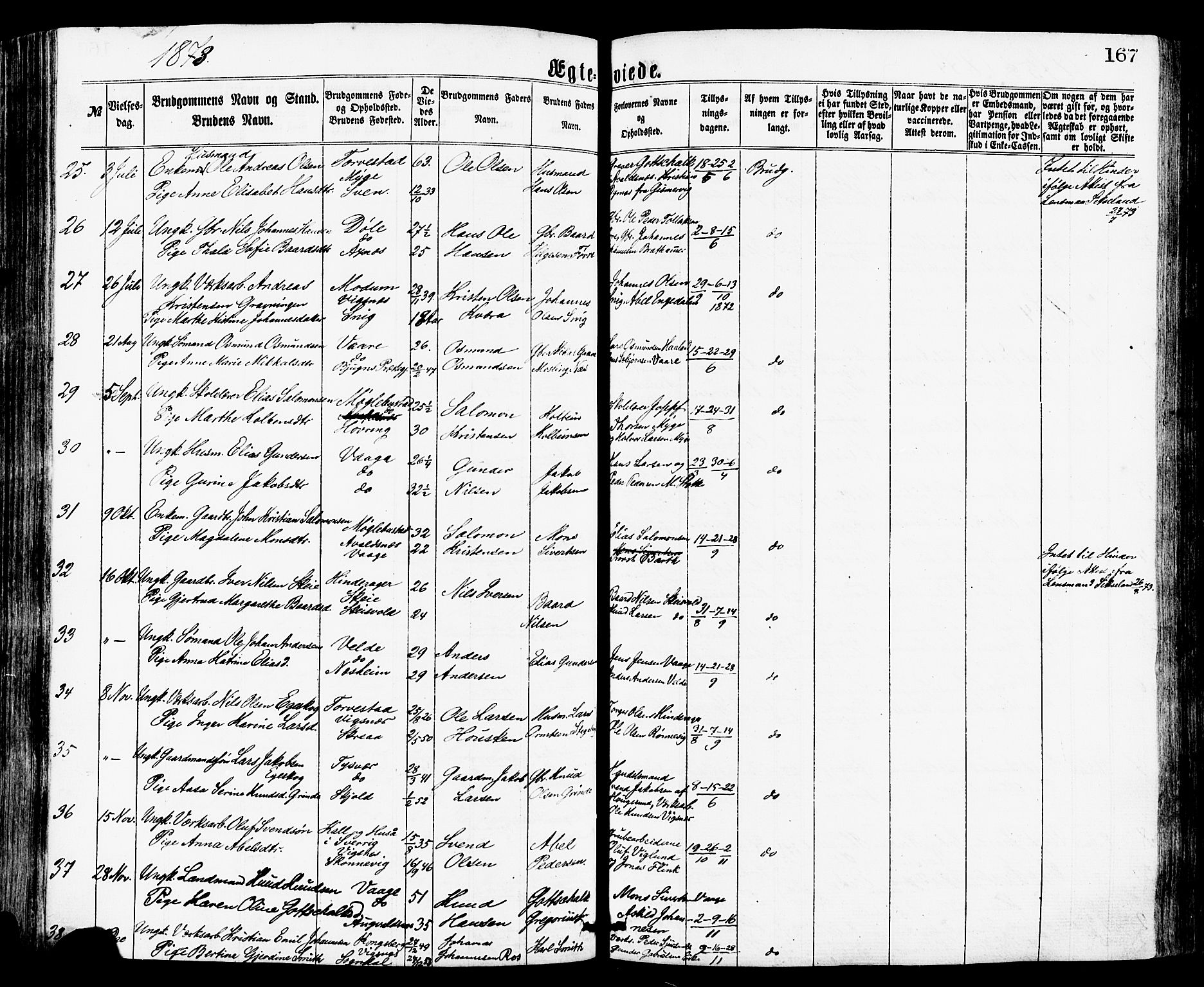 Avaldsnes sokneprestkontor, AV/SAST-A -101851/H/Ha/Haa/L0012: Parish register (official) no. A 12, 1865-1880, p. 167