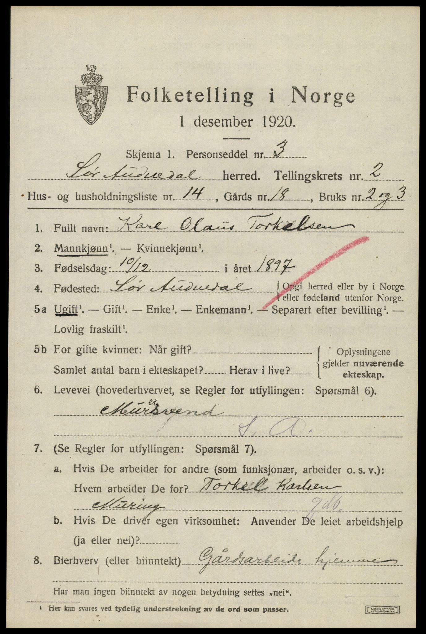 SAK, 1920 census for Sør-Audnedal, 1920, p. 1685