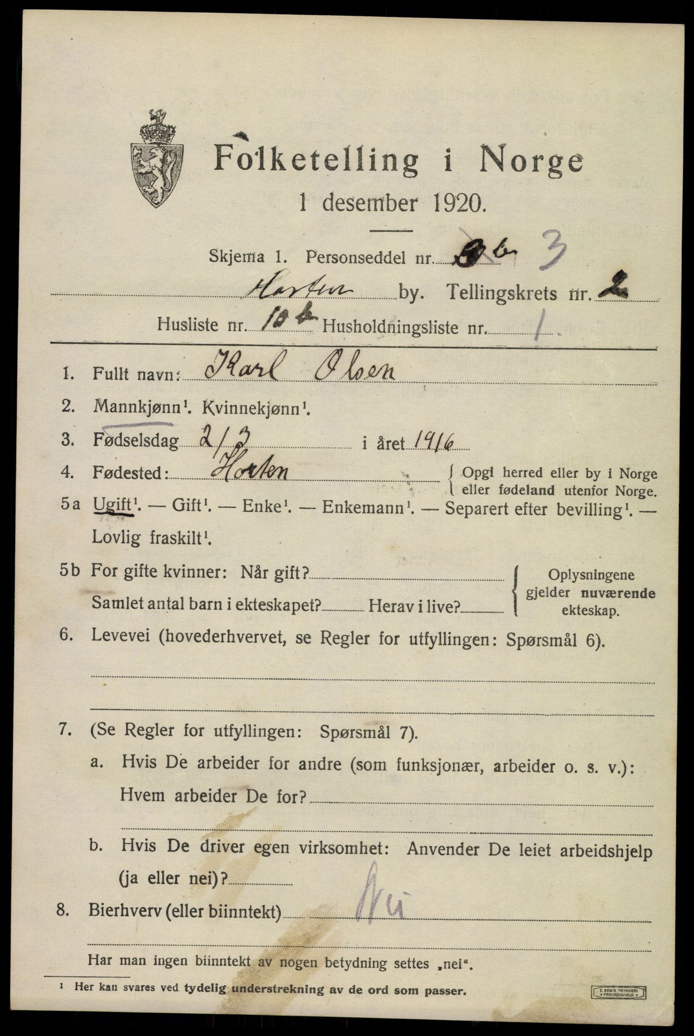 SAKO, 1920 census for Horten, 1920, p. 10325