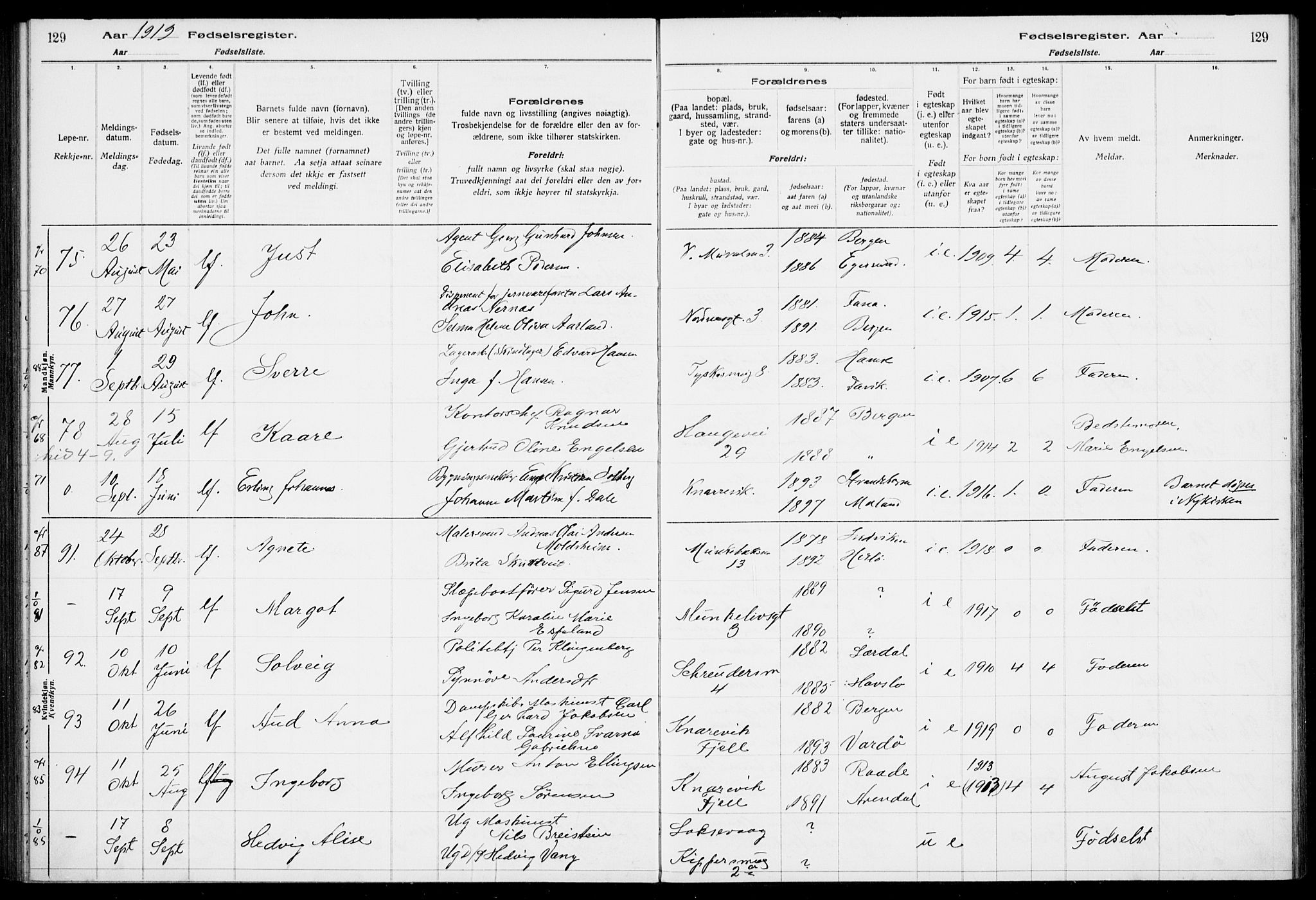 Nykirken Sokneprestembete, SAB/A-77101/I/Id/L00A1: Birth register no. A 1, 1916-1922, p. 129