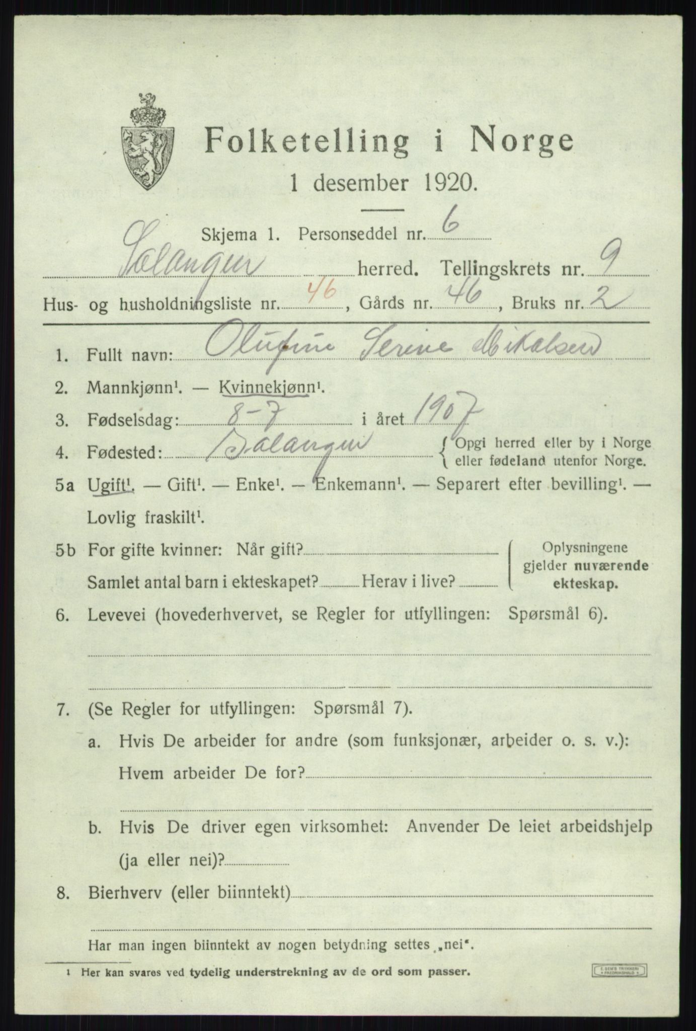 SATØ, 1920 census for Salangen, 1920, p. 6136