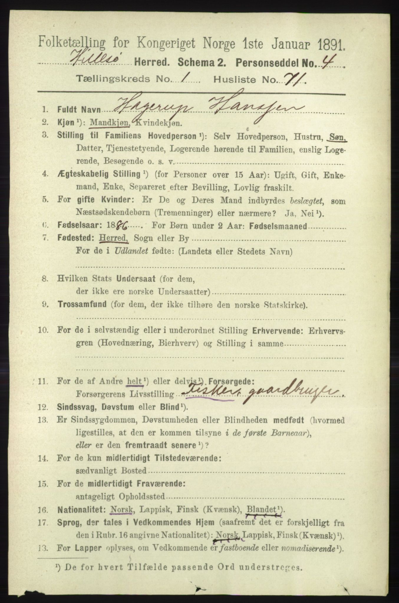 RA, 1891 census for 1930 Hillesøy, 1891, p. 563