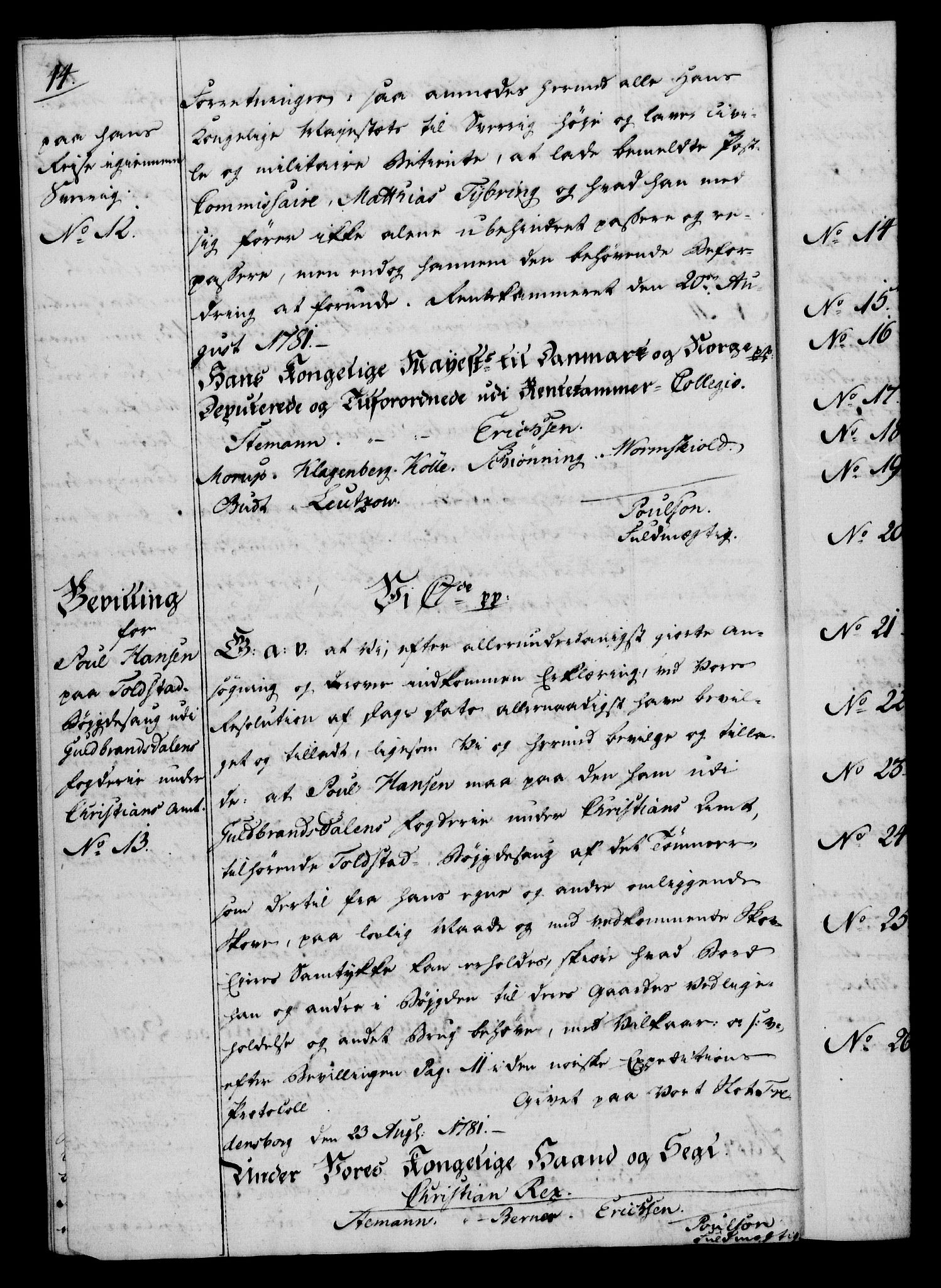 Rentekammeret, Kammerkanselliet, AV/RA-EA-3111/G/Gg/Gga/L0012: Norsk ekspedisjonsprotokoll med register (merket RK 53.12), 1781-1783, p. 44