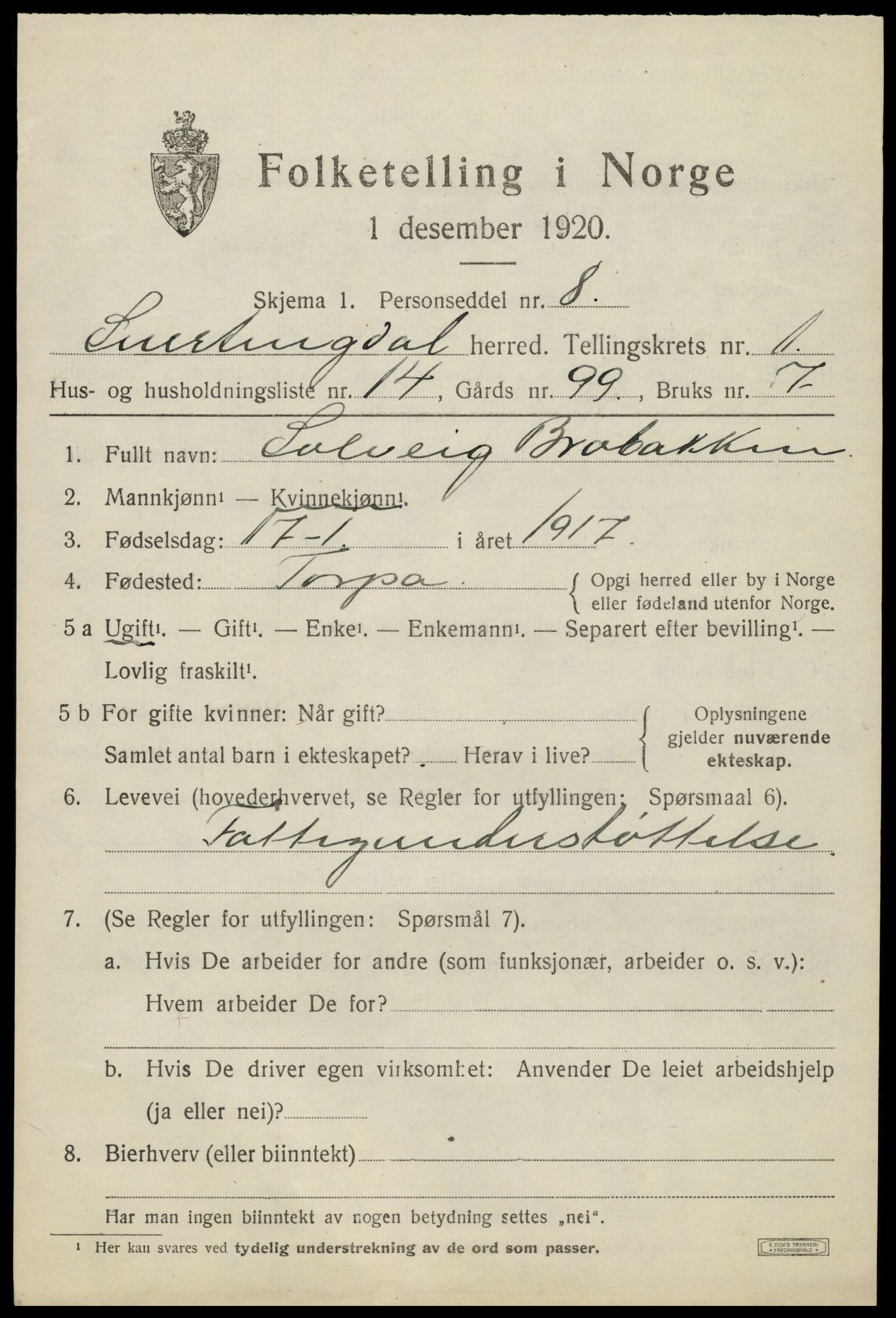 SAH, 1920 census for Snertingdal, 1920, p. 967