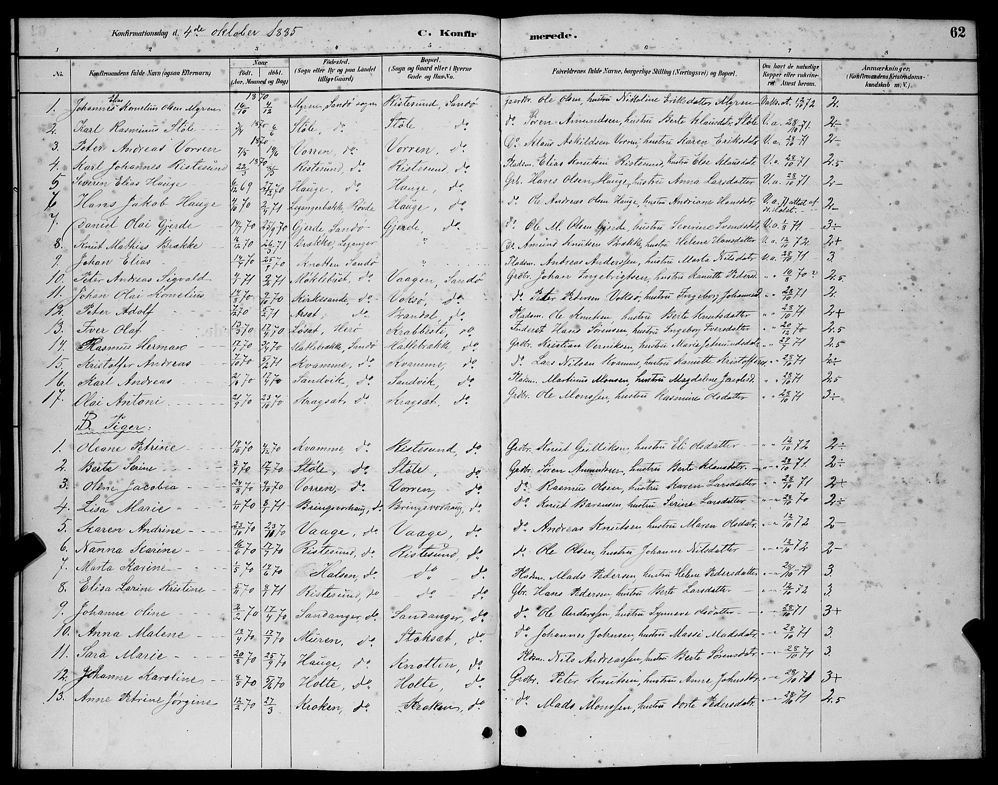 Ministerialprotokoller, klokkerbøker og fødselsregistre - Møre og Romsdal, SAT/A-1454/503/L0048: Parish register (copy) no. 503C03, 1885-1893, p. 62