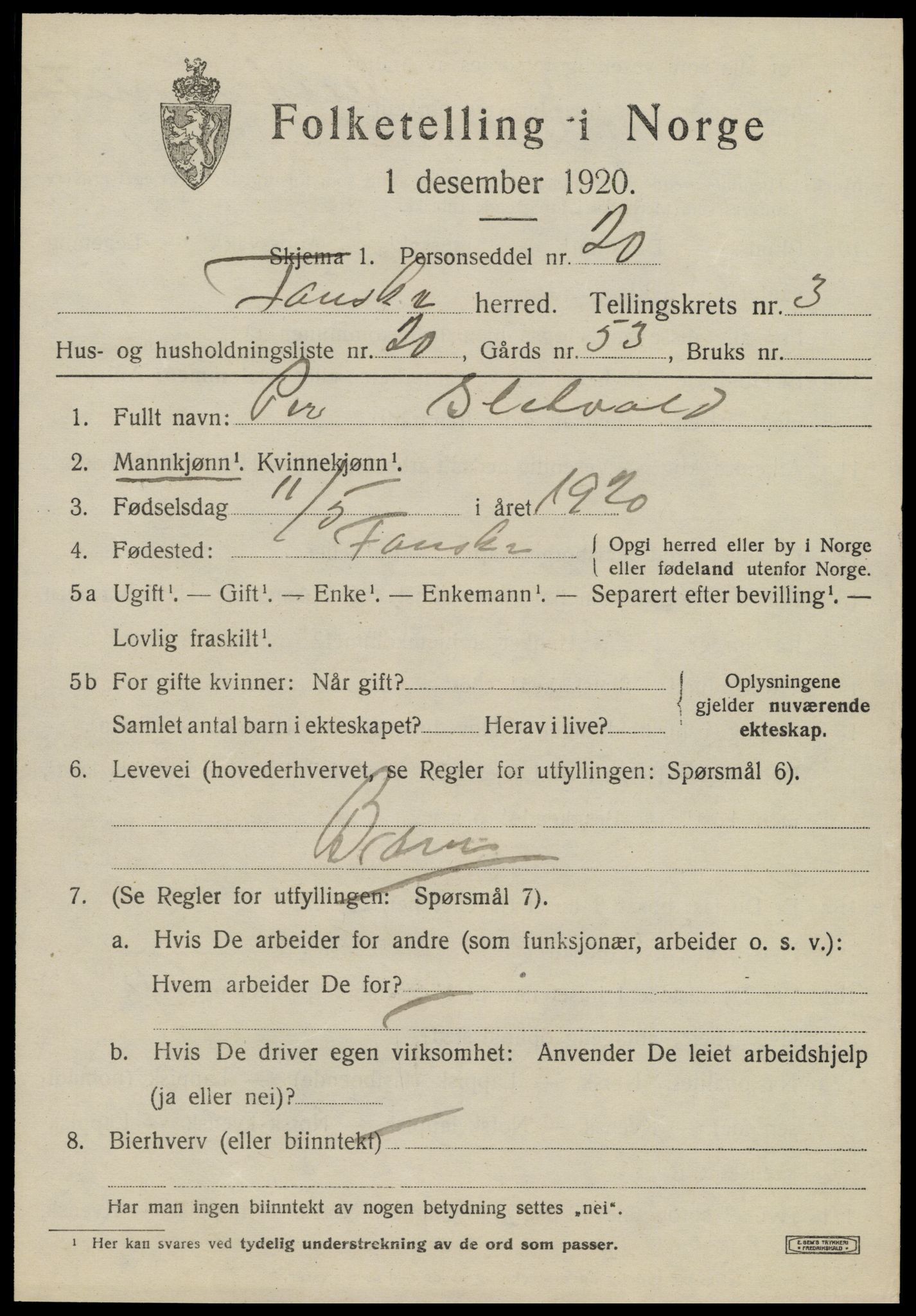 SAT, 1920 census for Fauske, 1920, p. 4162