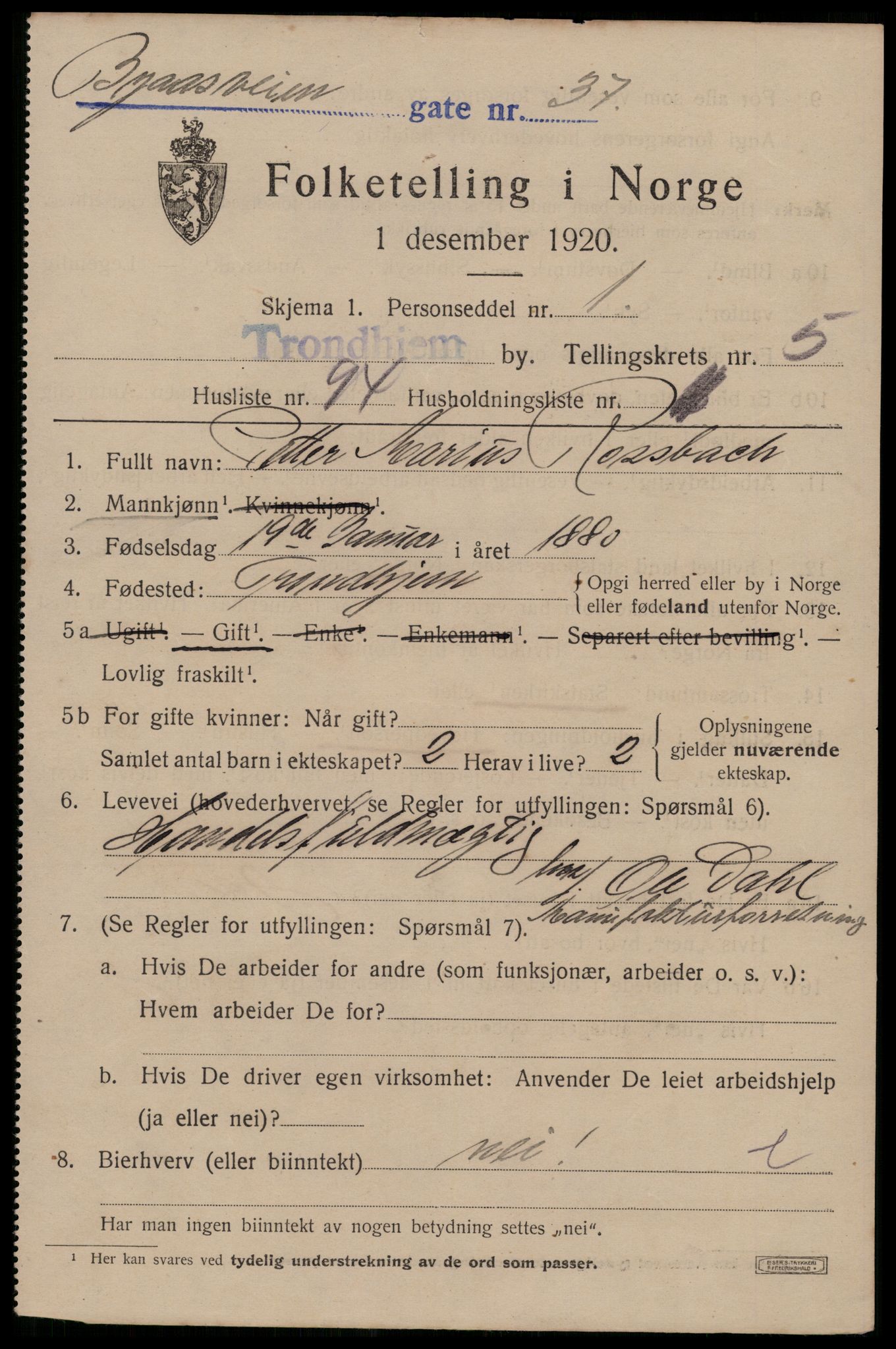 SAT, 1920 census for Trondheim, 1920, p. 39808