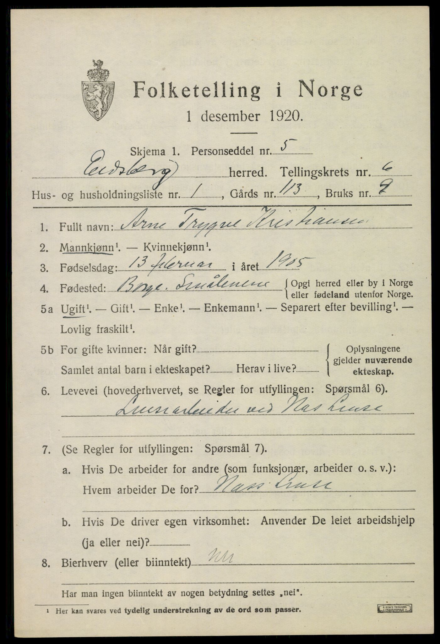 SAO, 1920 census for Eidsberg, 1920, p. 7489