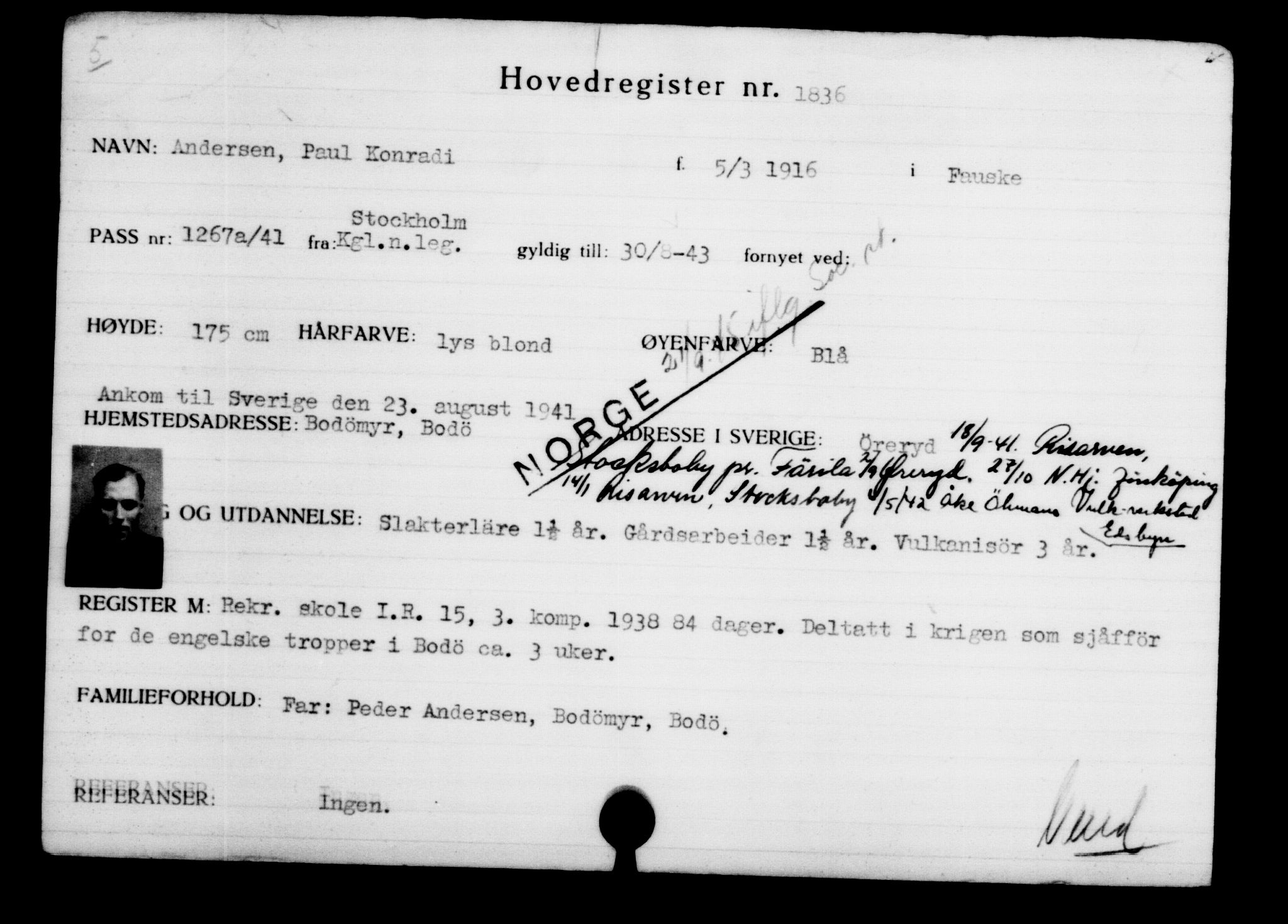 Utenriksstasjonene, Legasjonen i Stockholm, Flyktningkontoret, AV/RA-S-6753/V/Va/L0002: Kjesäterkartoteket, flyktninger med registreringsnr. 1001-2000, 1940-1945, p. 1189