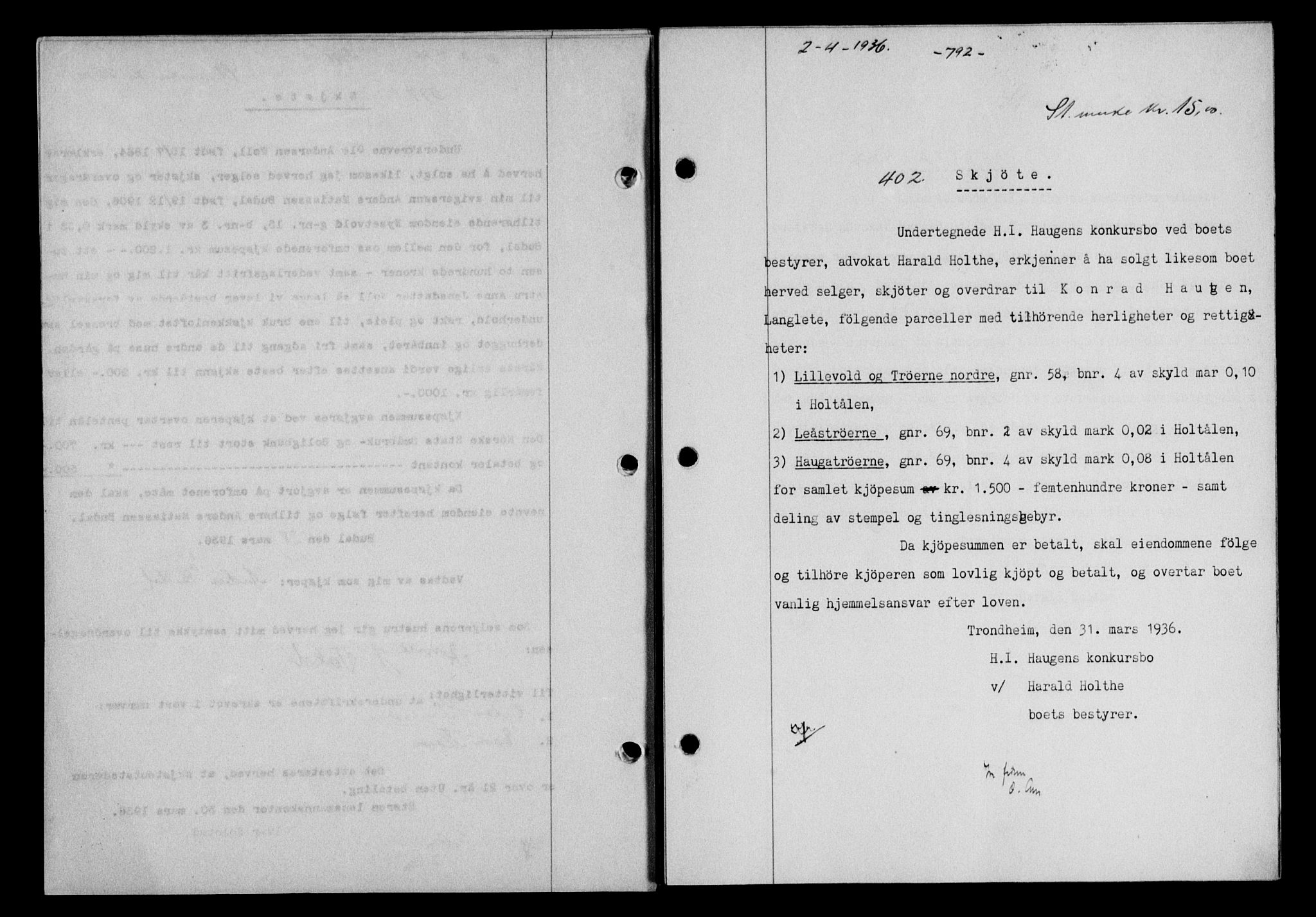 Gauldal sorenskriveri, SAT/A-0014/1/2/2C/L0045: Mortgage book no. 47-49, 1935-1936, Deed date: 02.04.1936