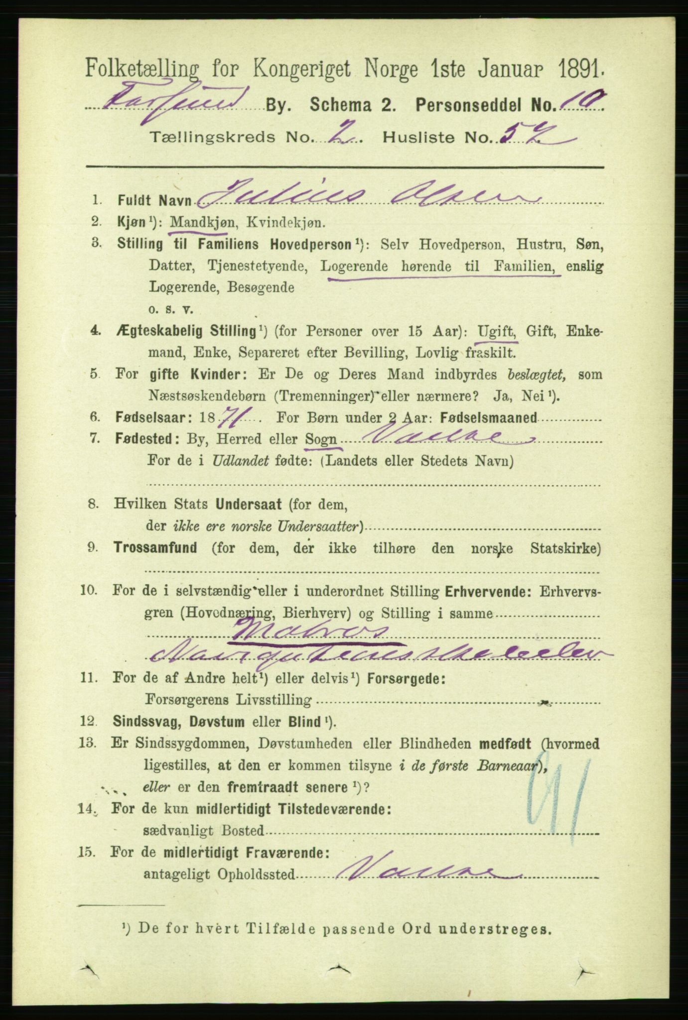 RA, 1891 census for 1003 Farsund, 1891, p. 1291