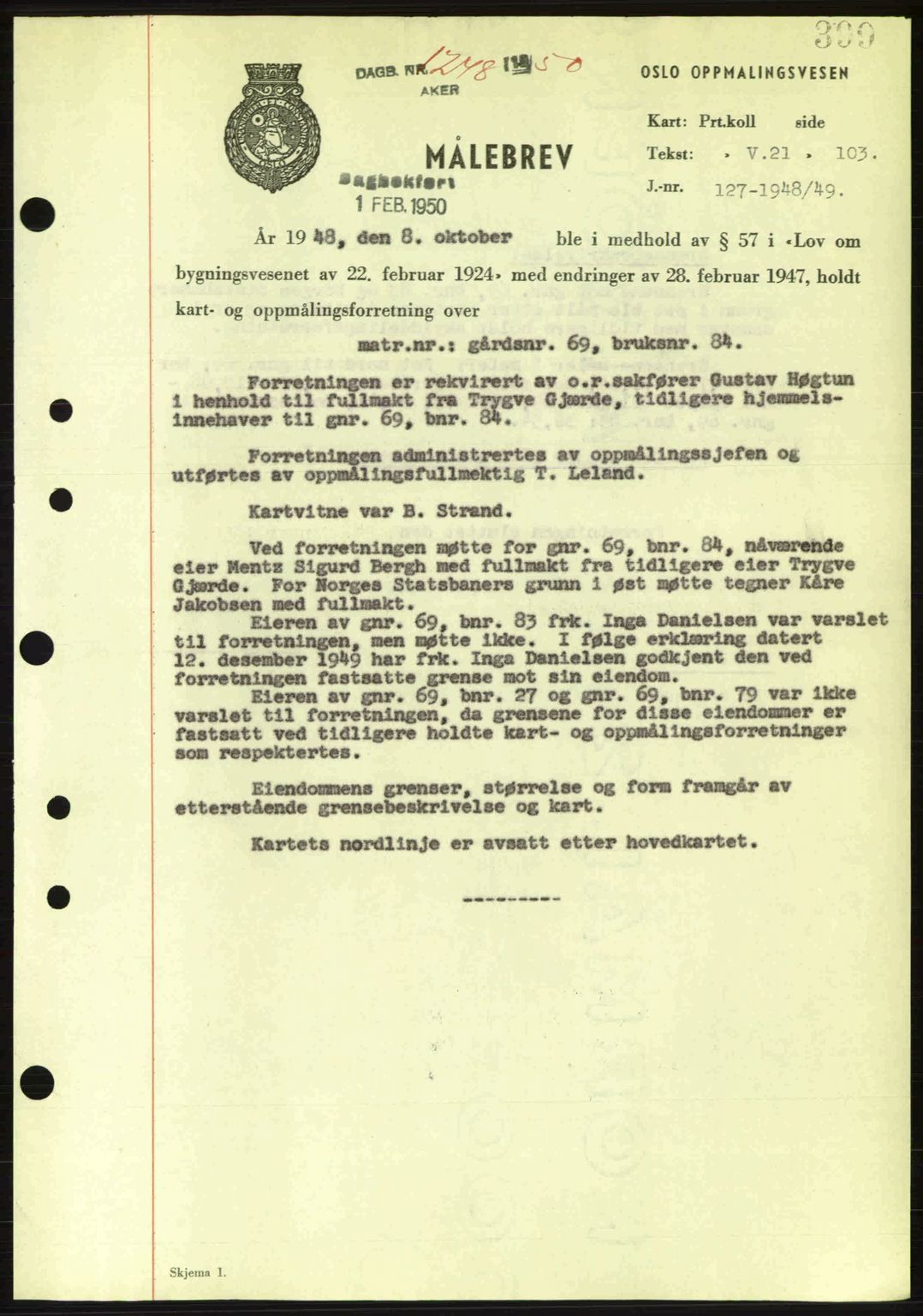 Oslo byskriverembete, AV/SAO-A-10227/G/Gb/Gbd/Gbda/L0017: Mortgage book no. A215, 1949-1950, Diary no: : 1248/1950