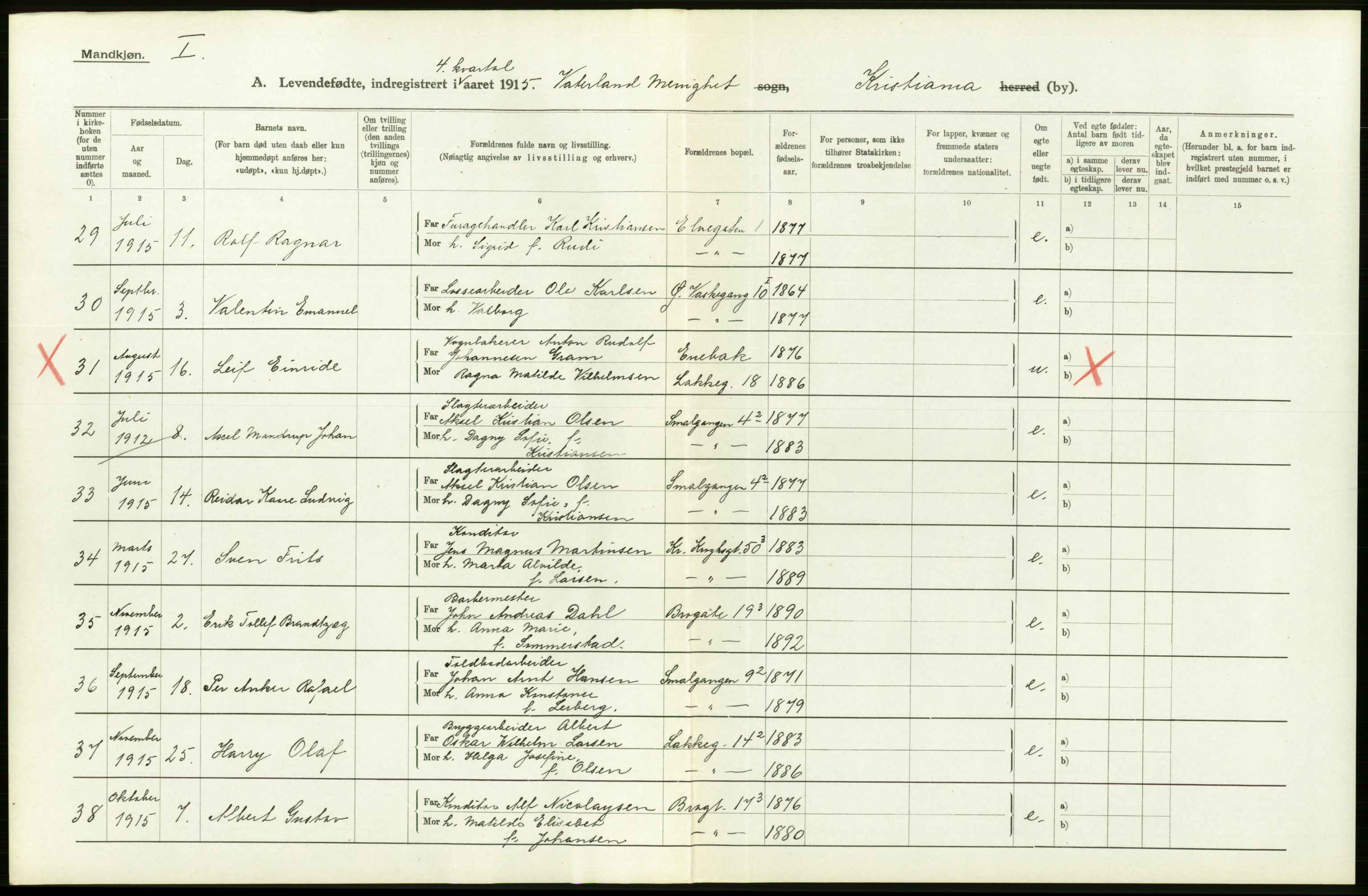 Statistisk sentralbyrå, Sosiodemografiske emner, Befolkning, RA/S-2228/D/Df/Dfb/Dfbe/L0006: Kristiania: Levendefødte menn og kvinner., 1915, p. 316