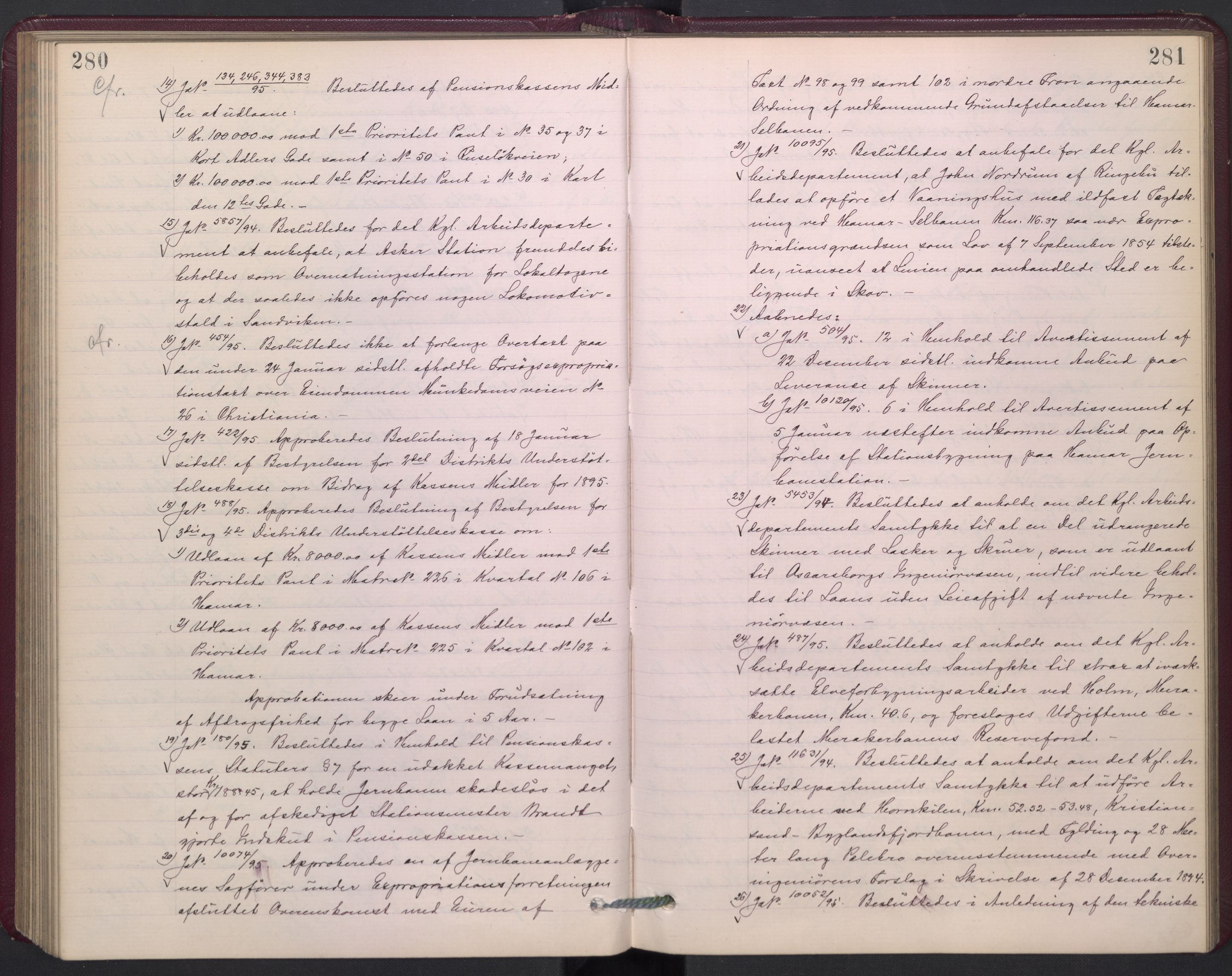 Norges statsbaner, Administrasjons- økonomi- og personalavdelingen, AV/RA-S-3412/A/Aa/L0002a: Forhandlingsprotokoll, 1893-1895, p. 280-281