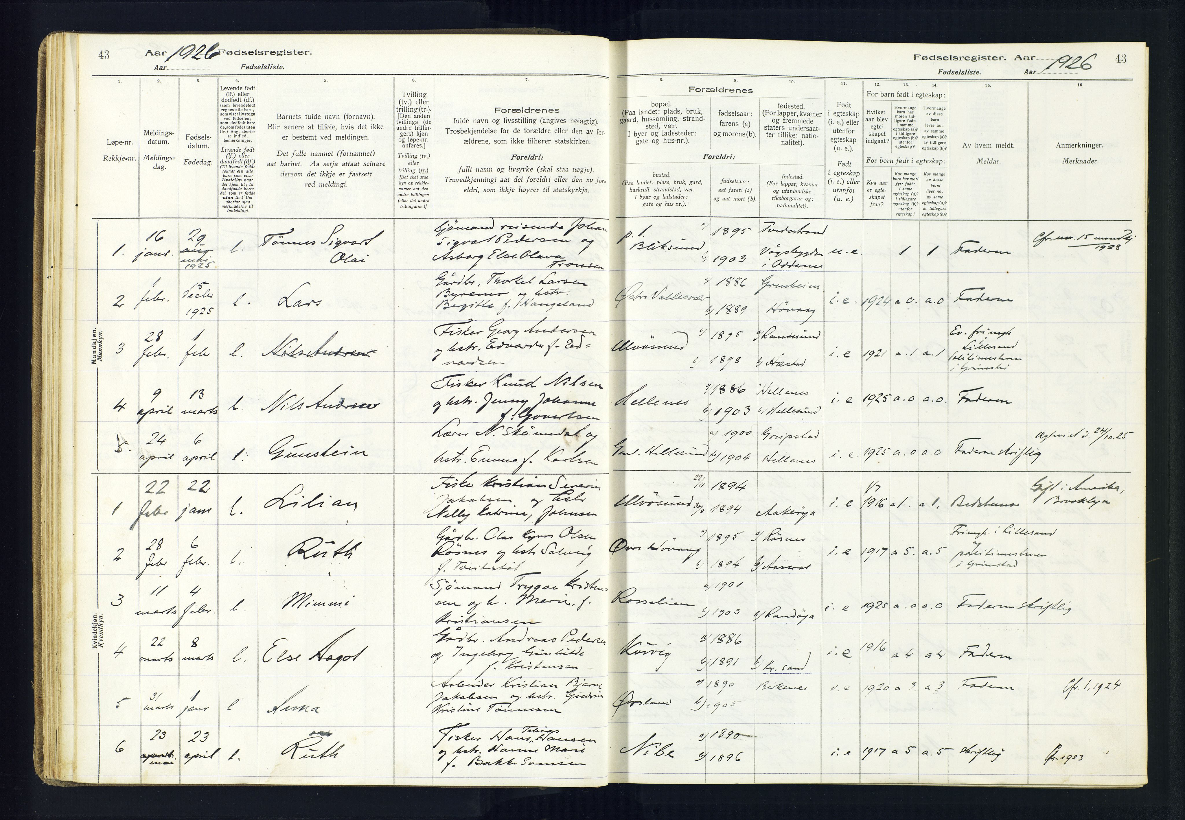 Høvåg sokneprestkontor, AV/SAK-1111-0025/J/Ja/L0001: Birth register no. II.4.2, 1916-1982, p. 43