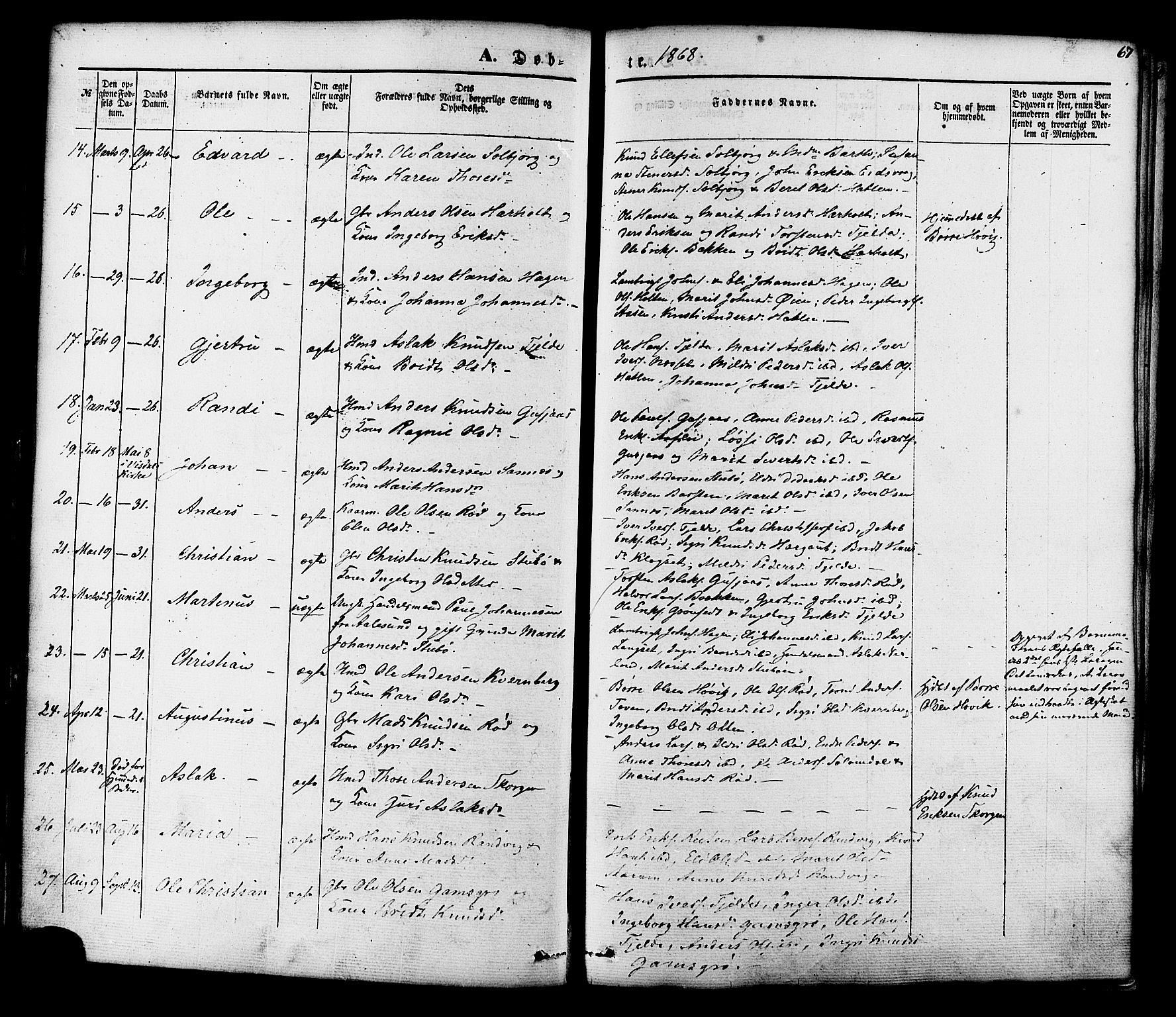 Ministerialprotokoller, klokkerbøker og fødselsregistre - Møre og Romsdal, SAT/A-1454/551/L0625: Parish register (official) no. 551A05, 1846-1879, p. 67