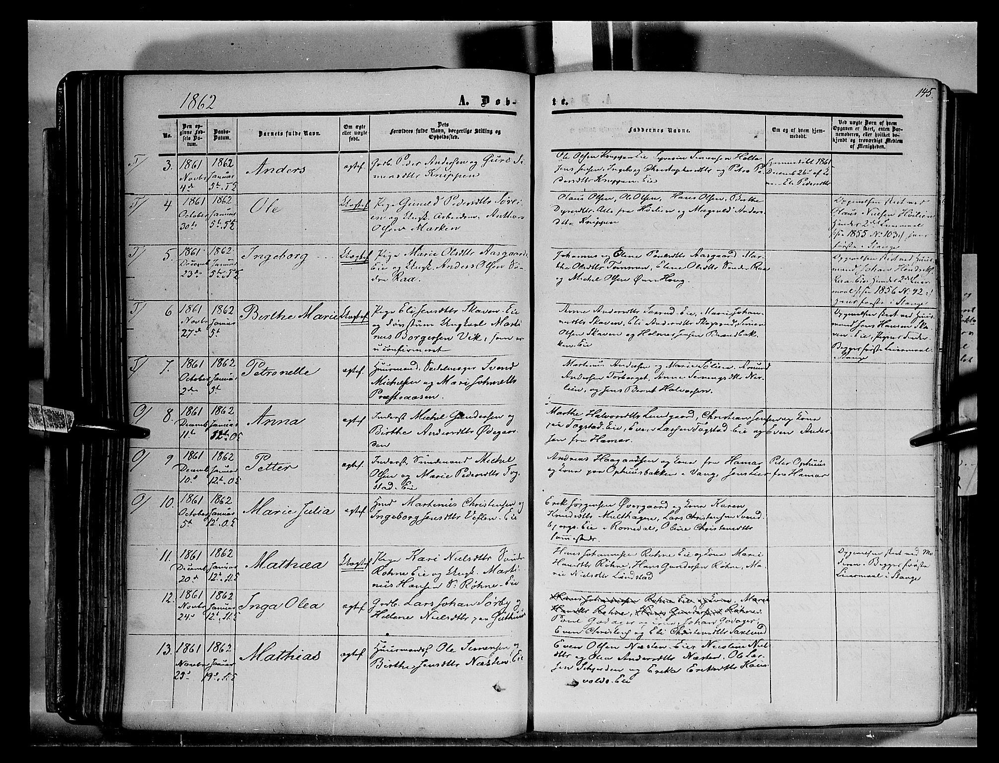 Stange prestekontor, SAH/PREST-002/K/L0012: Parish register (official) no. 12, 1852-1862, p. 145
