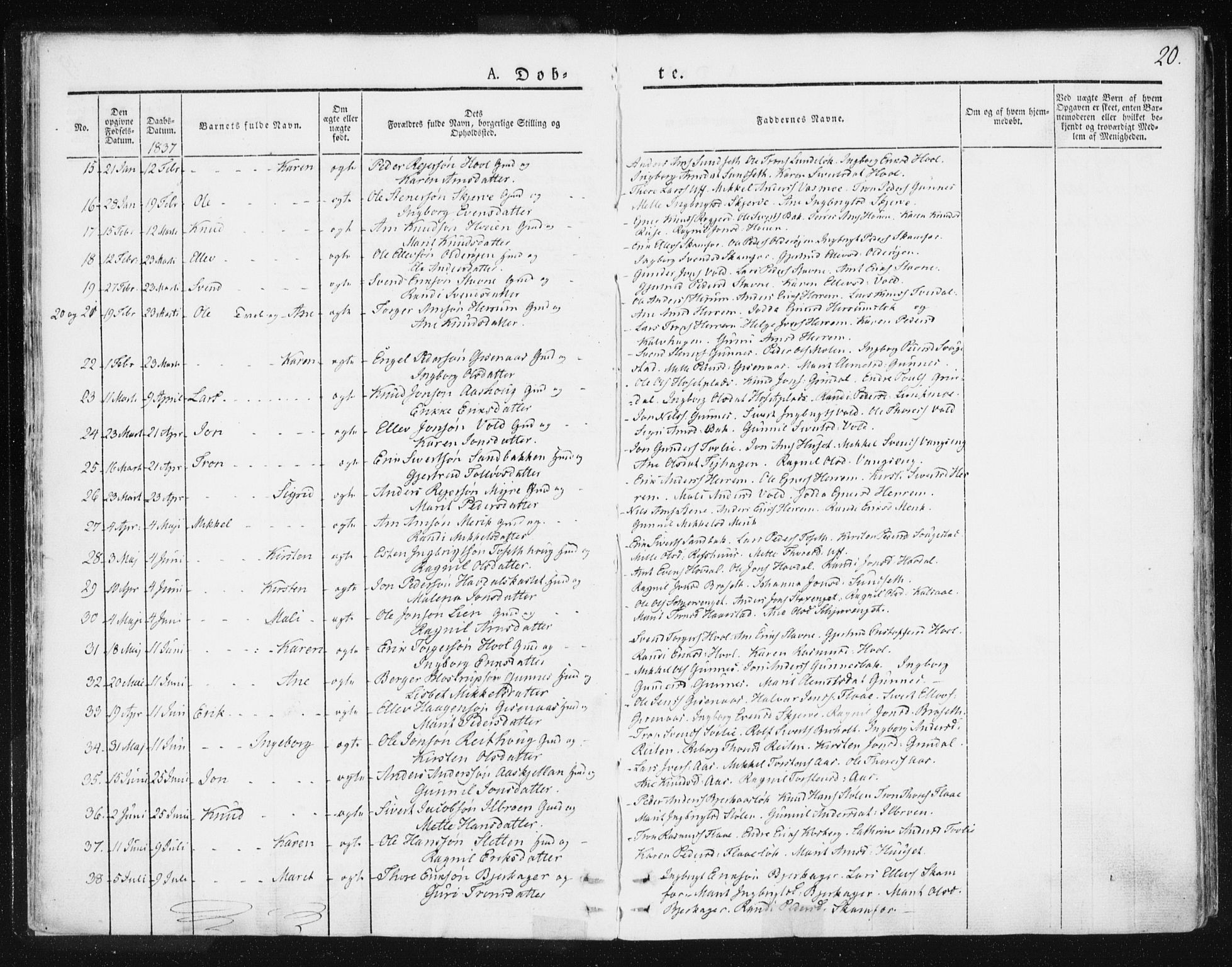 Ministerialprotokoller, klokkerbøker og fødselsregistre - Sør-Trøndelag, SAT/A-1456/674/L0869: Parish register (official) no. 674A01, 1829-1860, p. 20