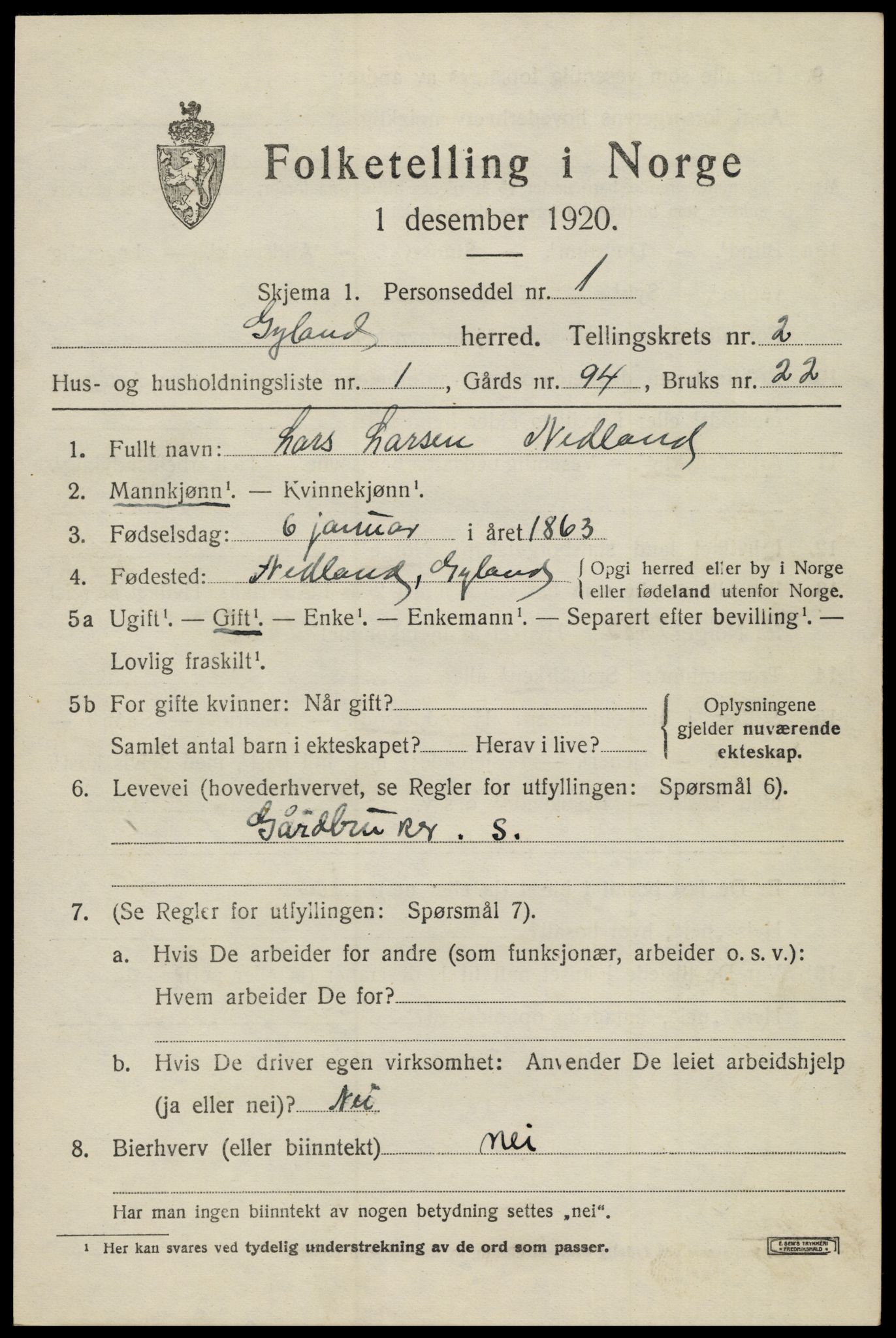 SAK, 1920 census for Gyland, 1920, p. 722