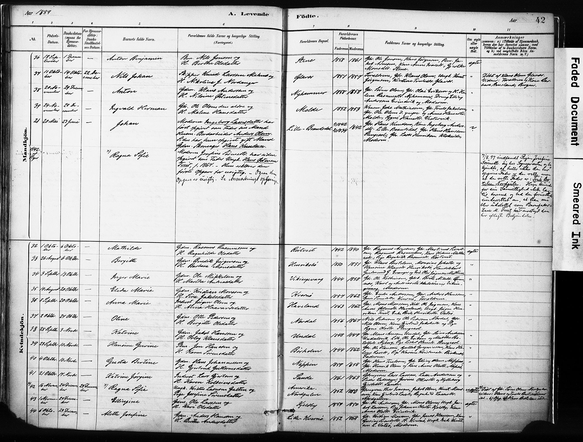 Gulen sokneprestembete, AV/SAB-A-80201/H/Haa/Haab/L0001: Parish register (official) no. B 1, 1881-1905, p. 42