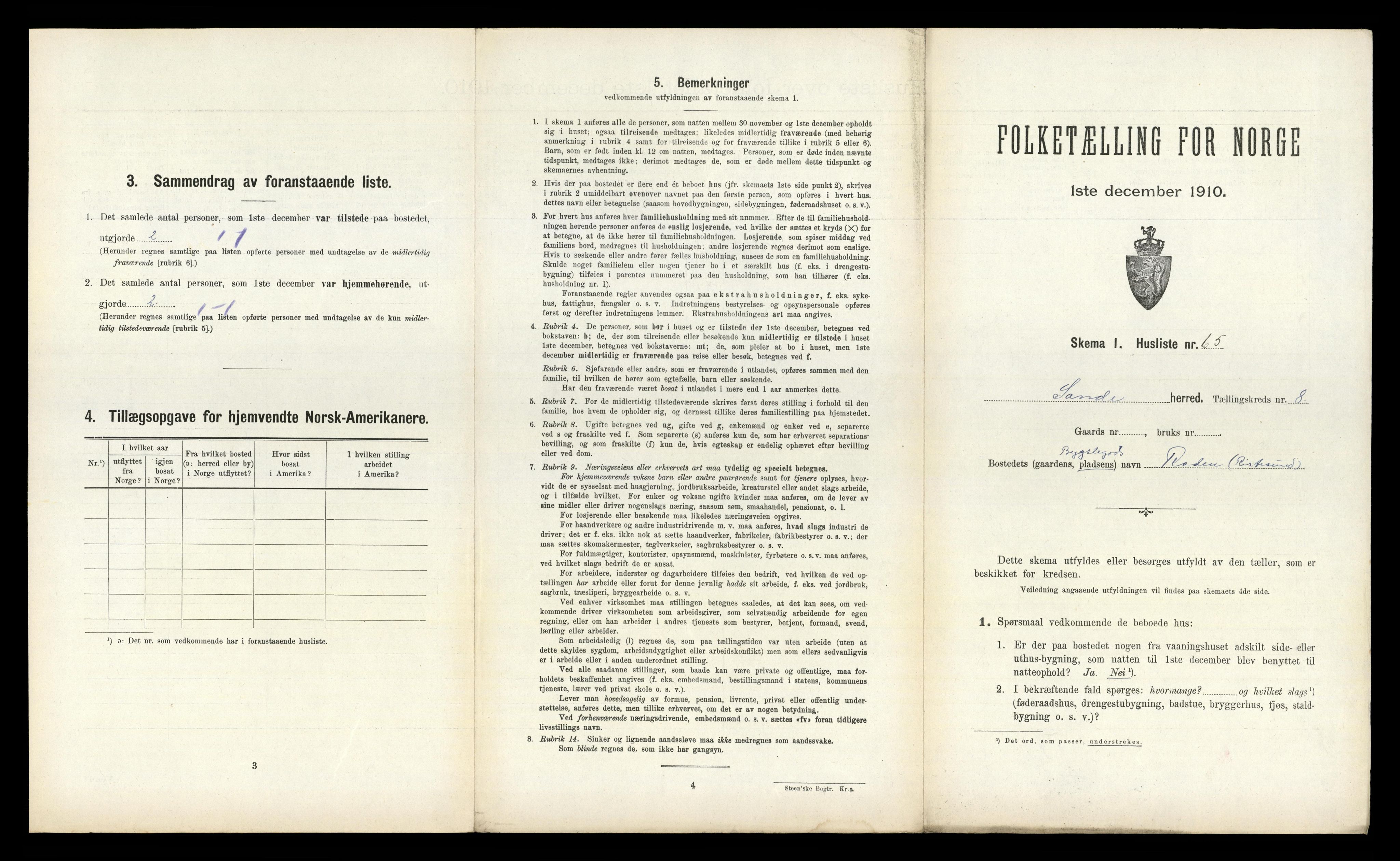 RA, 1910 census for Sande, 1910, p. 672