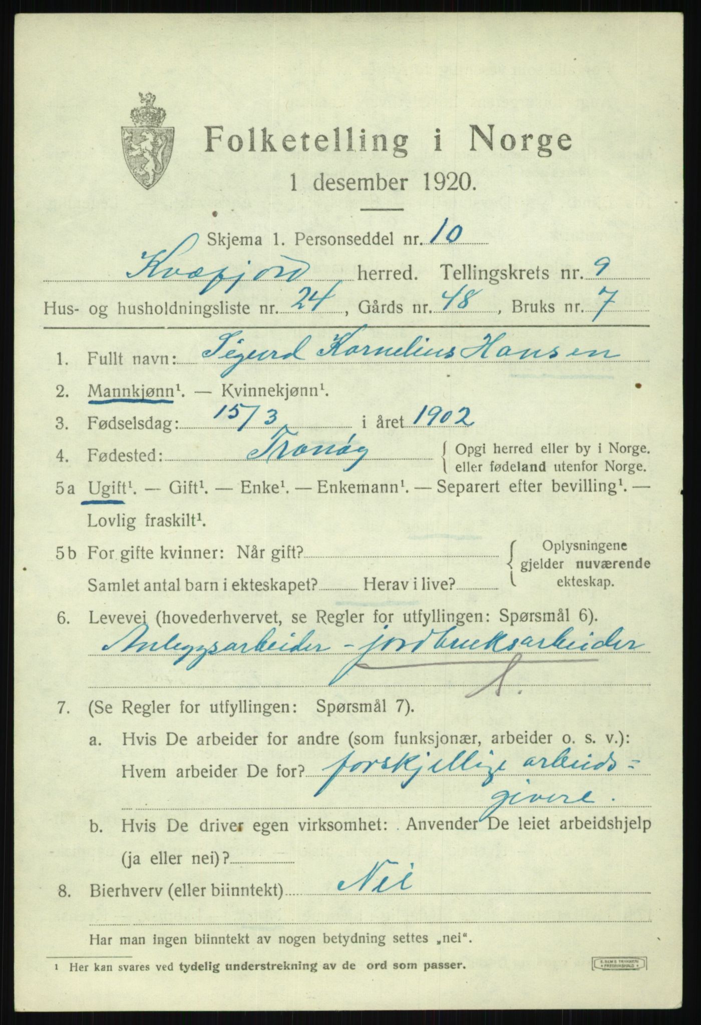 SATØ, 1920 census for Kvæfjord, 1920, p. 4513