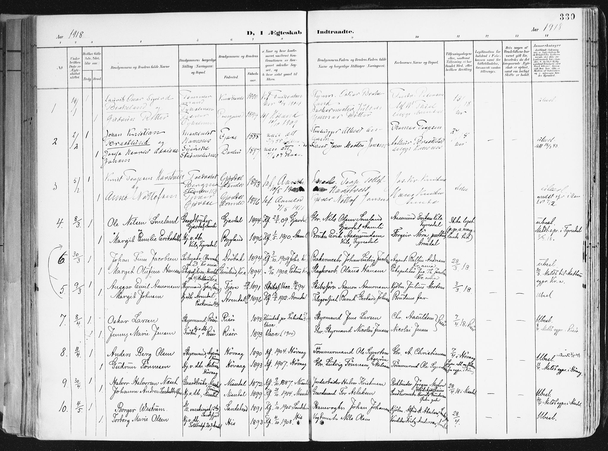 Arendal sokneprestkontor, Trefoldighet, SAK/1111-0040/F/Fa/L0010: Parish register (official) no. A 10, 1900-1919, p. 330