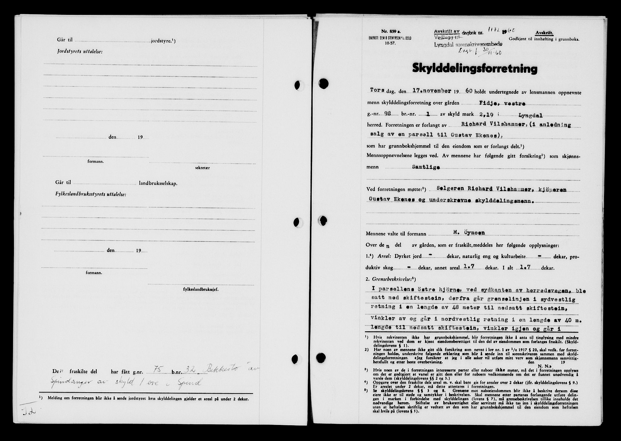 Lyngdal sorenskriveri, AV/SAK-1221-0004/G/Gb/L0680: Mortgage book no. A XXVI, 1960-1960, Diary no: : 1172/1960