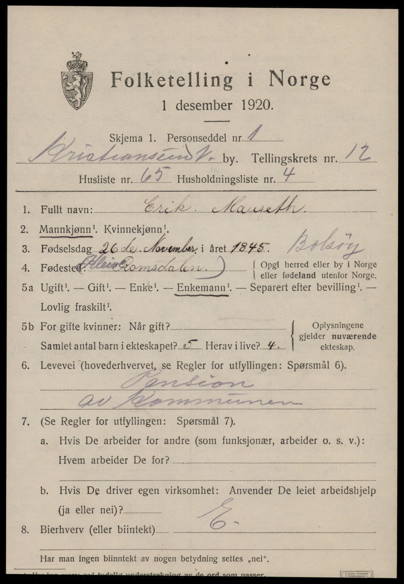 SAT, 1920 census for Kristiansund, 1920, p. 26425