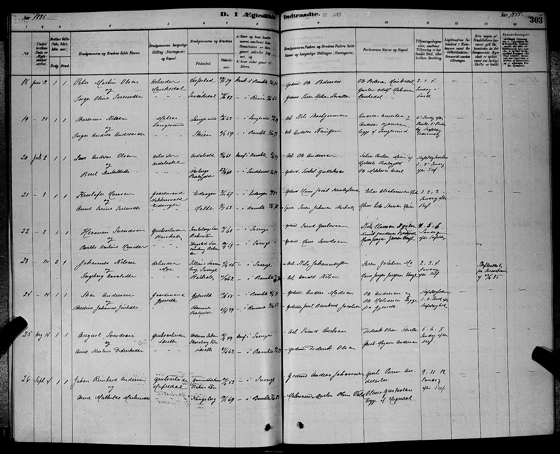 Bamble kirkebøker, AV/SAKO-A-253/G/Ga/L0008: Parish register (copy) no. I 8, 1878-1888, p. 303