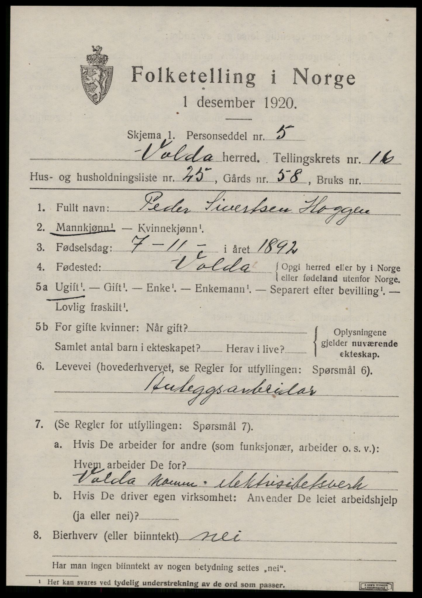 SAT, 1920 census for Volda, 1920, p. 9556