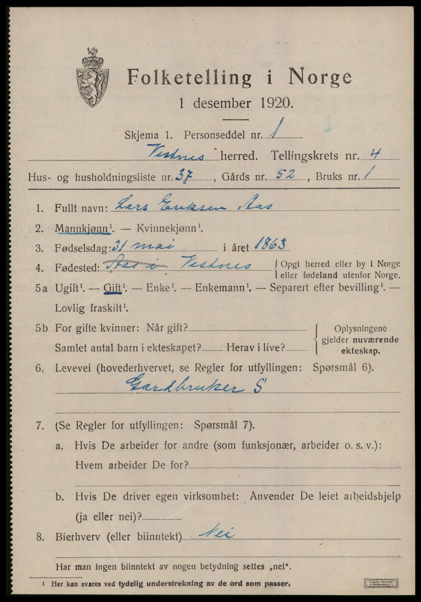 SAT, 1920 census for Vestnes, 1920, p. 3723