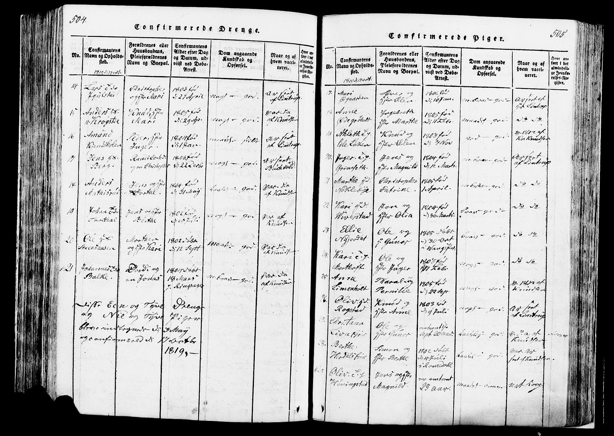 Løten prestekontor, AV/SAH-PREST-022/K/Ka/L0005: Parish register (official) no. 5, 1814-1832, p. 504-505