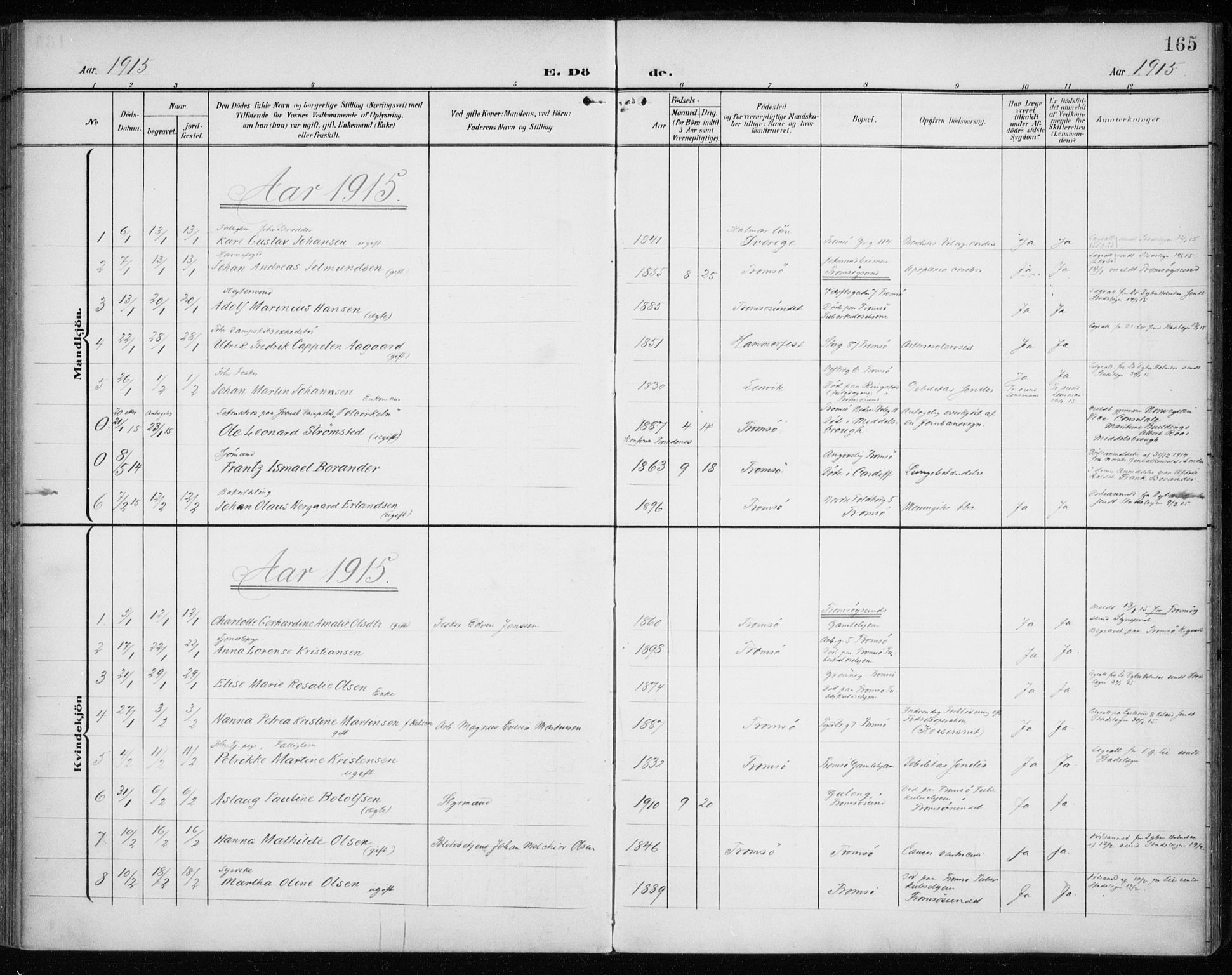 Tromsø sokneprestkontor/stiftsprosti/domprosti, AV/SATØ-S-1343/G/Ga/L0018kirke: Parish register (official) no. 18, 1907-1917, p. 165