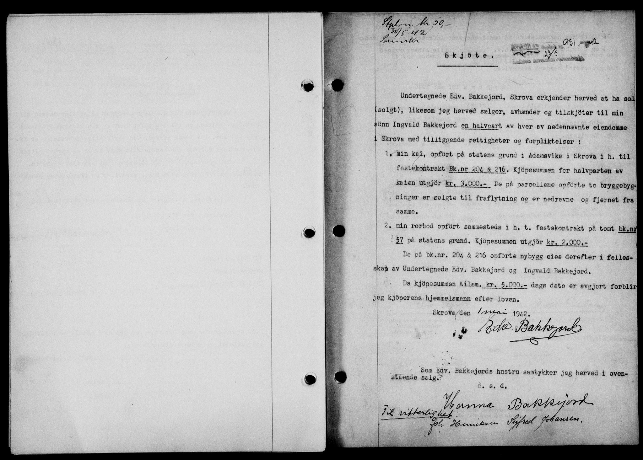 Lofoten sorenskriveri, SAT/A-0017/1/2/2C/L0009a: Mortgage book no. 9a, 1941-1942, Diary no: : 951/1942