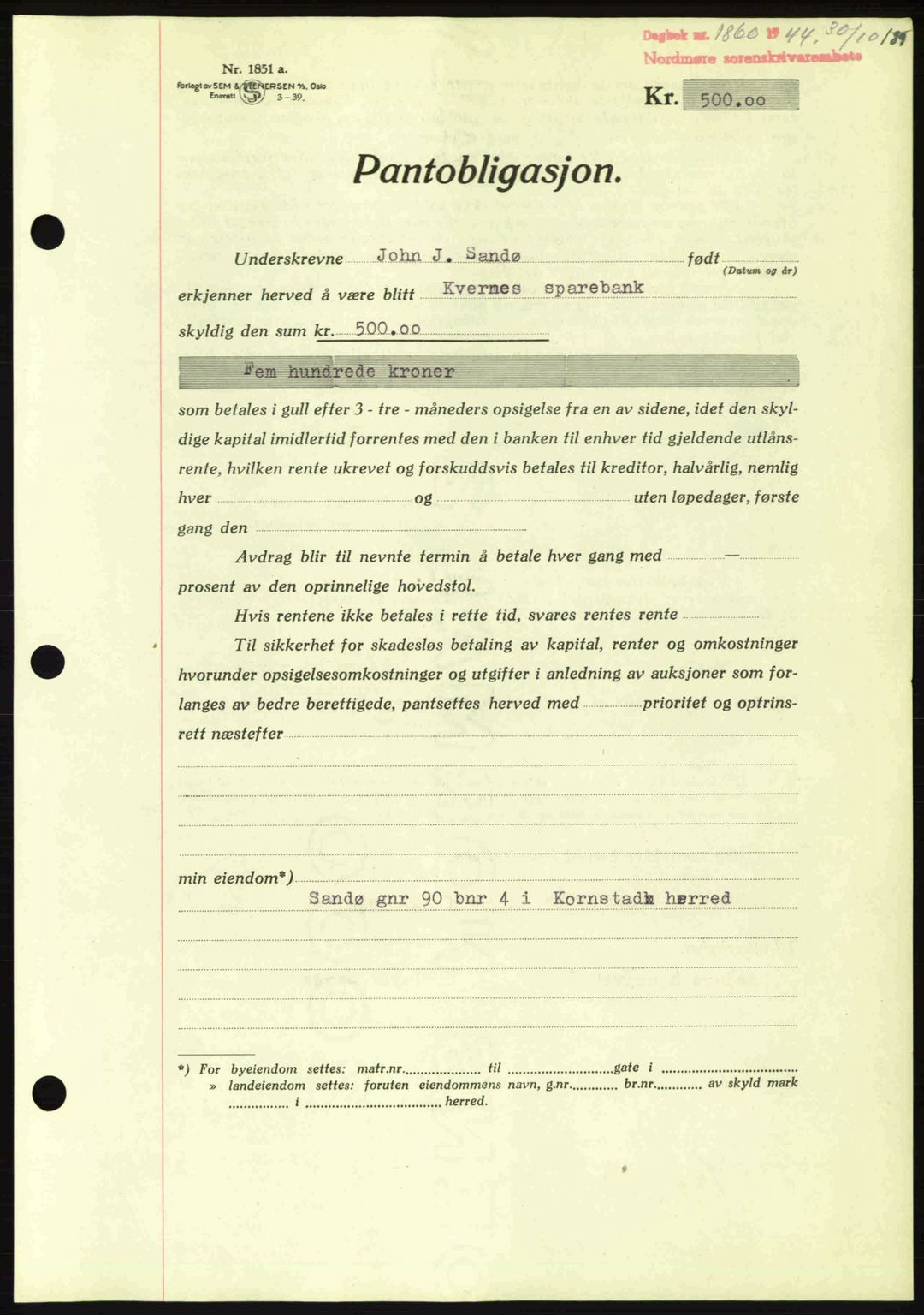 Nordmøre sorenskriveri, AV/SAT-A-4132/1/2/2Ca: Mortgage book no. B92, 1944-1945, Diary no: : 1860/1944