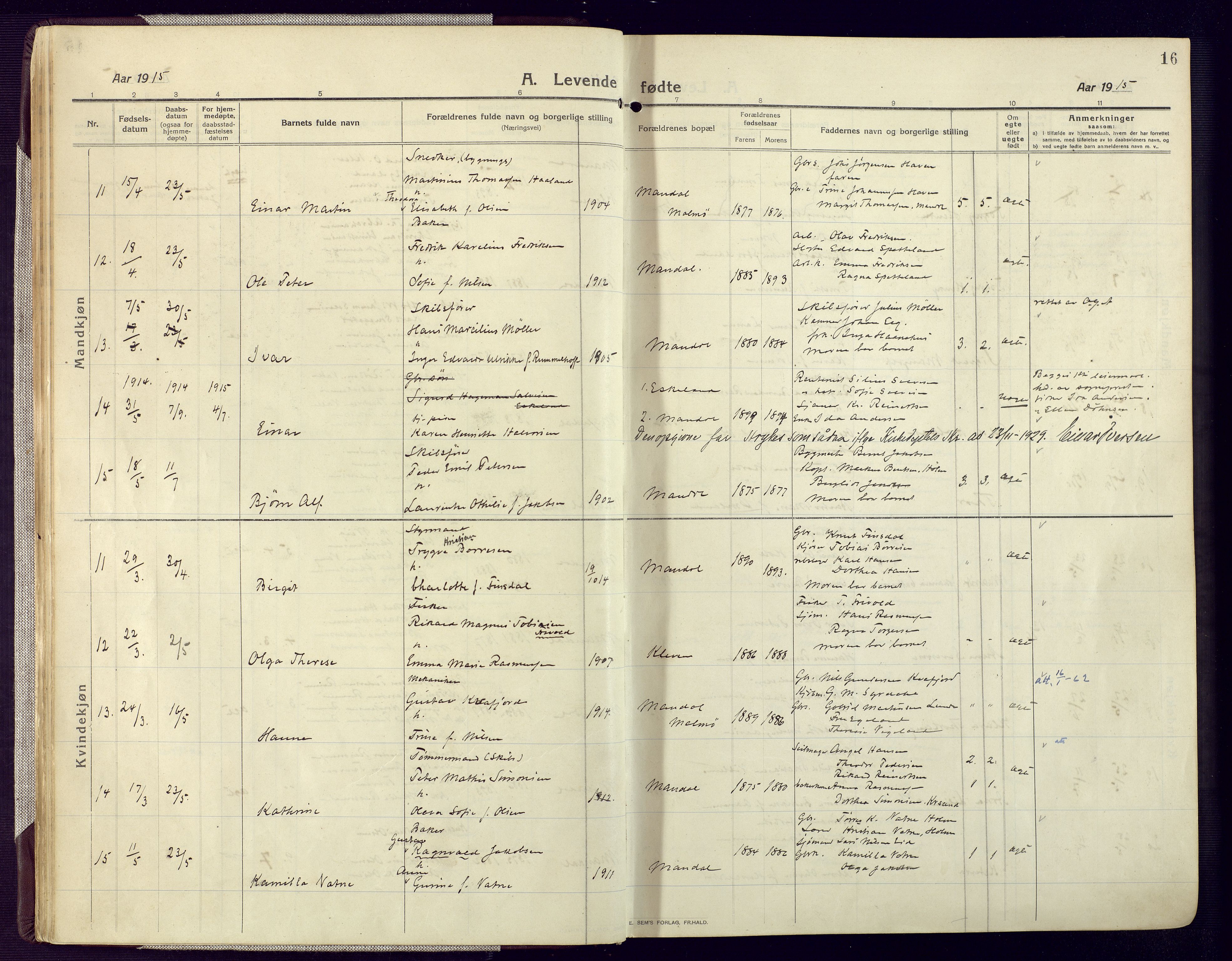 Mandal sokneprestkontor, AV/SAK-1111-0030/F/Fa/Fac/L0001: Parish register (official) no. A 1, 1913-1925, p. 16