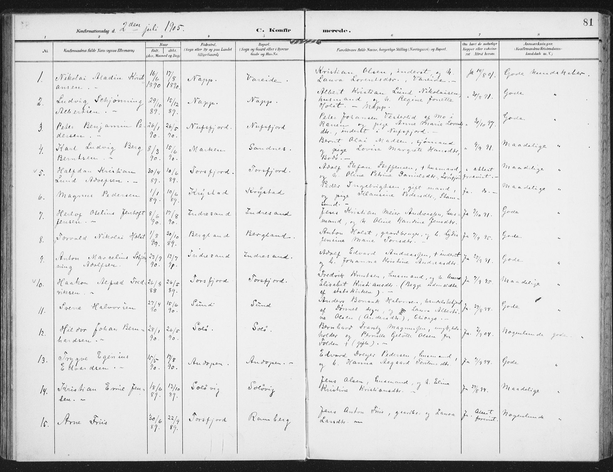 Ministerialprotokoller, klokkerbøker og fødselsregistre - Nordland, AV/SAT-A-1459/885/L1206: Parish register (official) no. 885A07, 1905-1915, p. 81