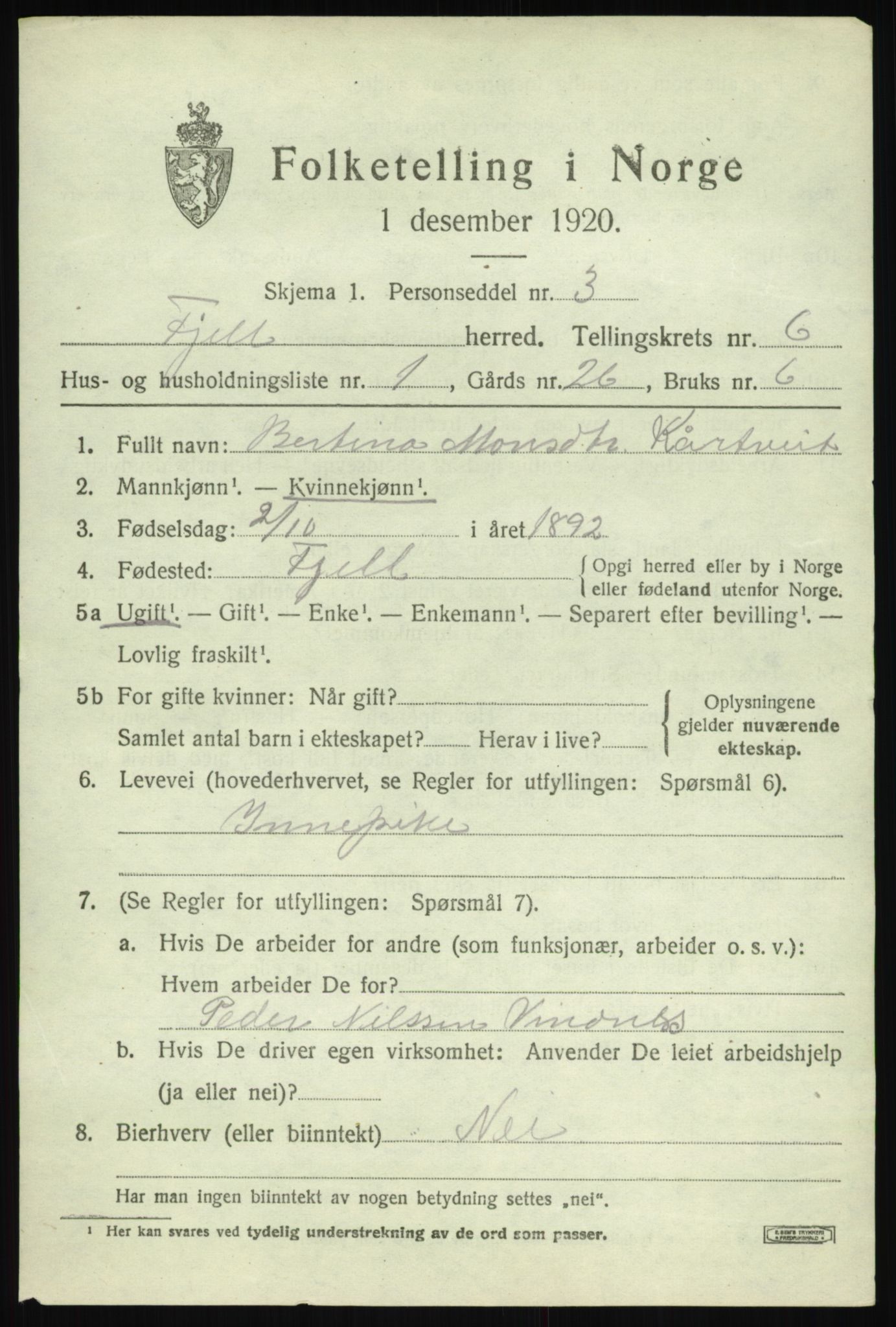 SAB, 1920 census for Fjell, 1920, p. 5218