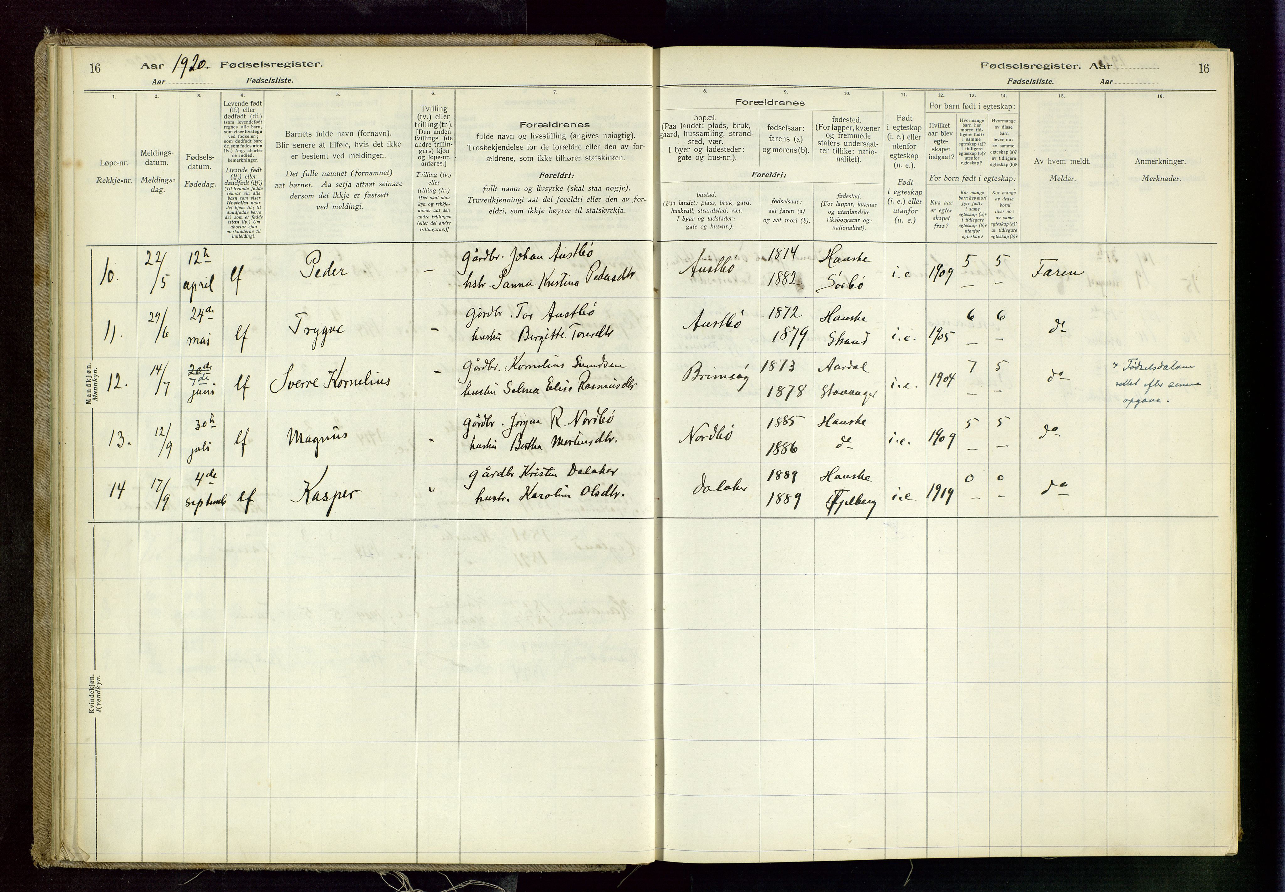 Rennesøy sokneprestkontor, AV/SAST-A -101827/I/Id/L0001: Birth register no. 1, 1916-1982, p. 16