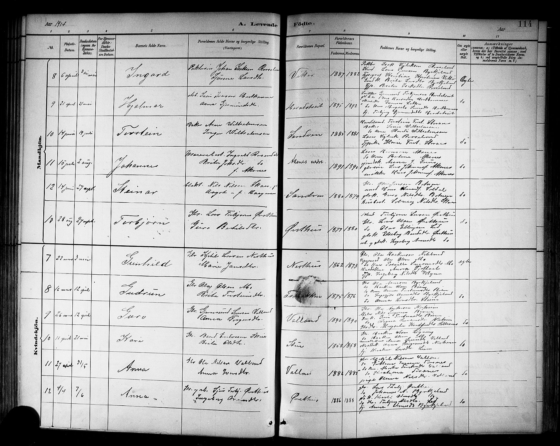 Kvam sokneprestembete, SAB/A-76201/H/Hab: Parish register (copy) no. B 3, 1884-1916, p. 114