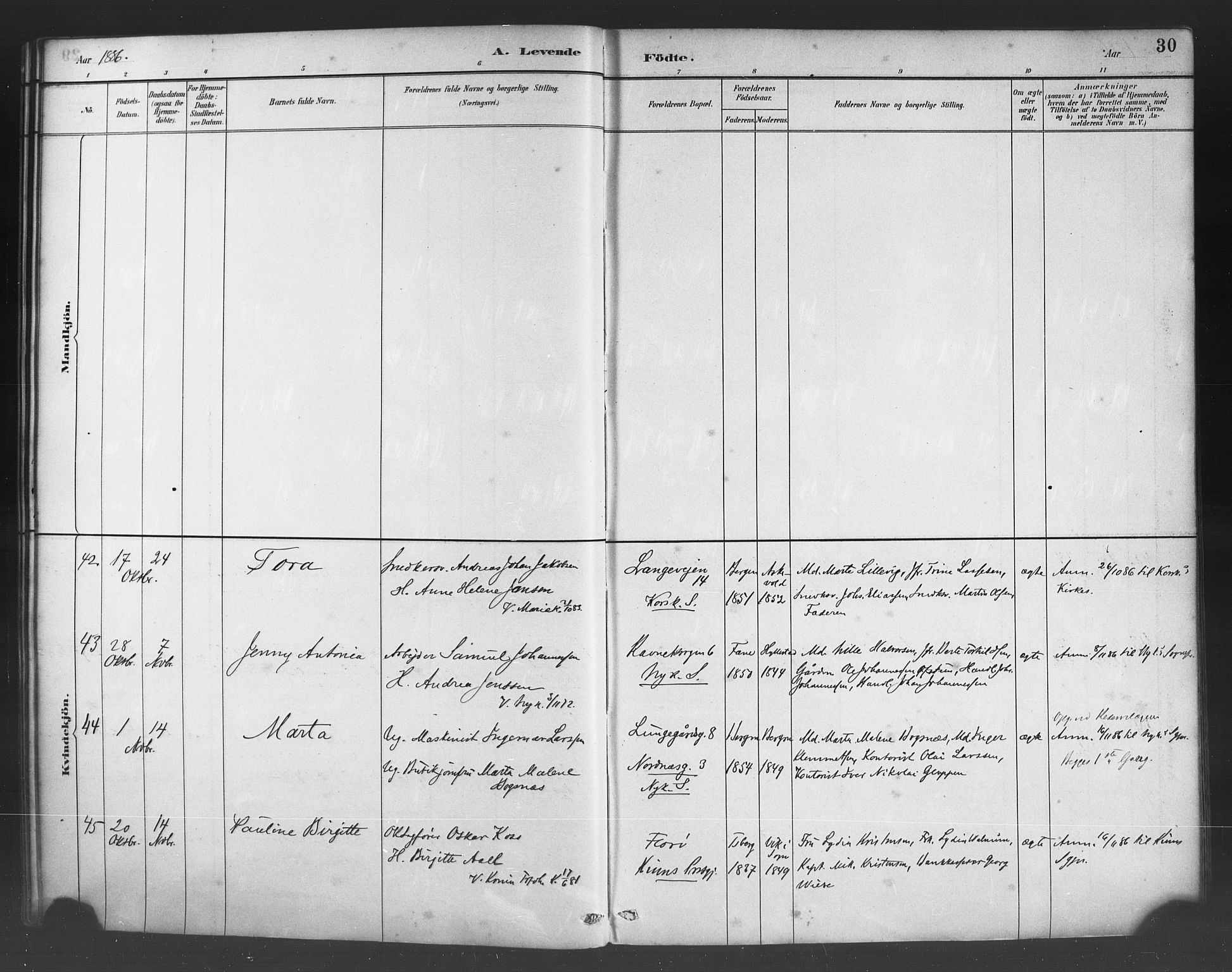 Fødselsstiftelsens sokneprestembete*, SAB/-: Parish register (official) no. A 2, 1884-1900, p. 30