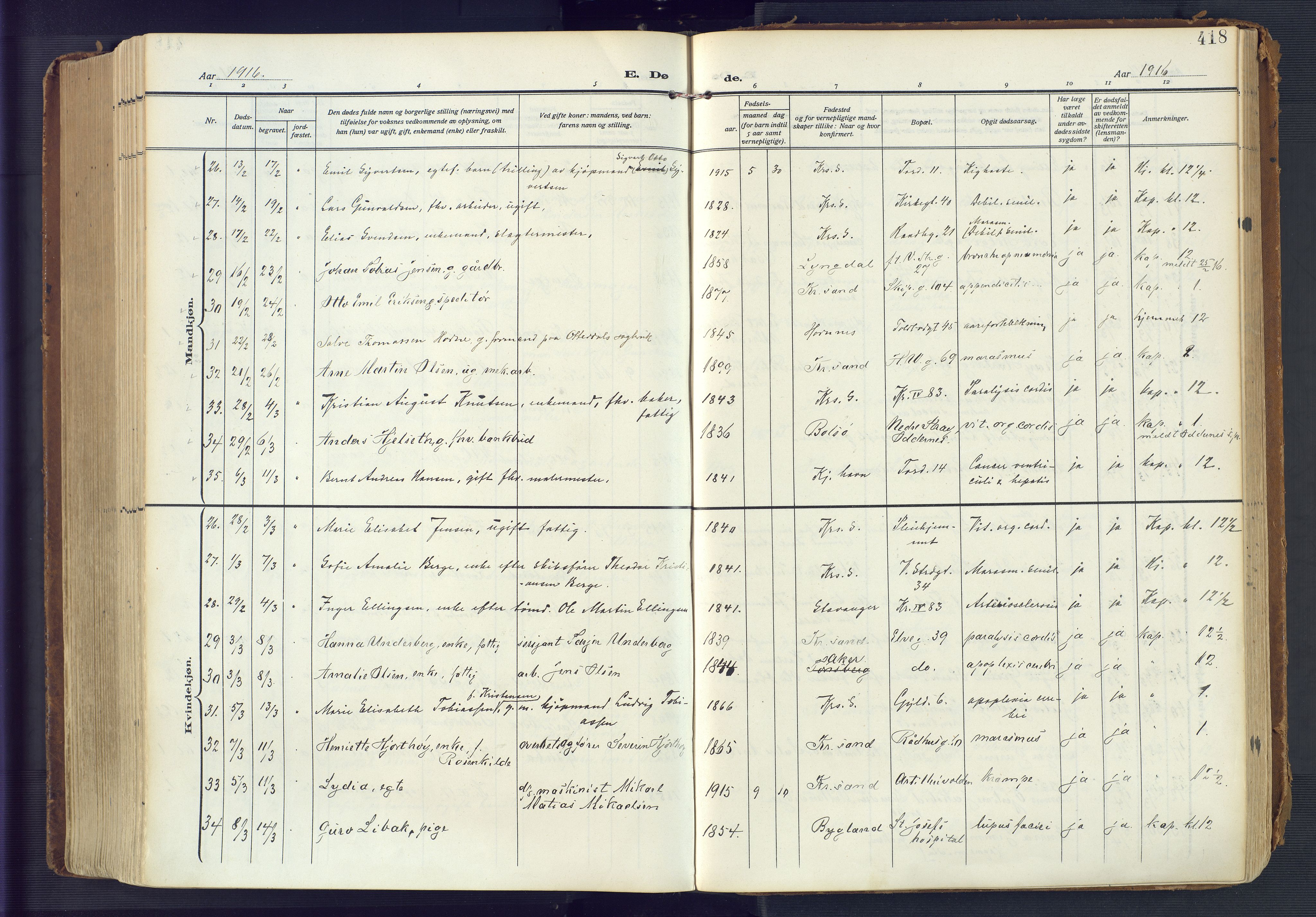 Kristiansand domprosti, AV/SAK-1112-0006/F/Fa/L0023: Parish register (official) no. A 22, 1909-1917, p. 418