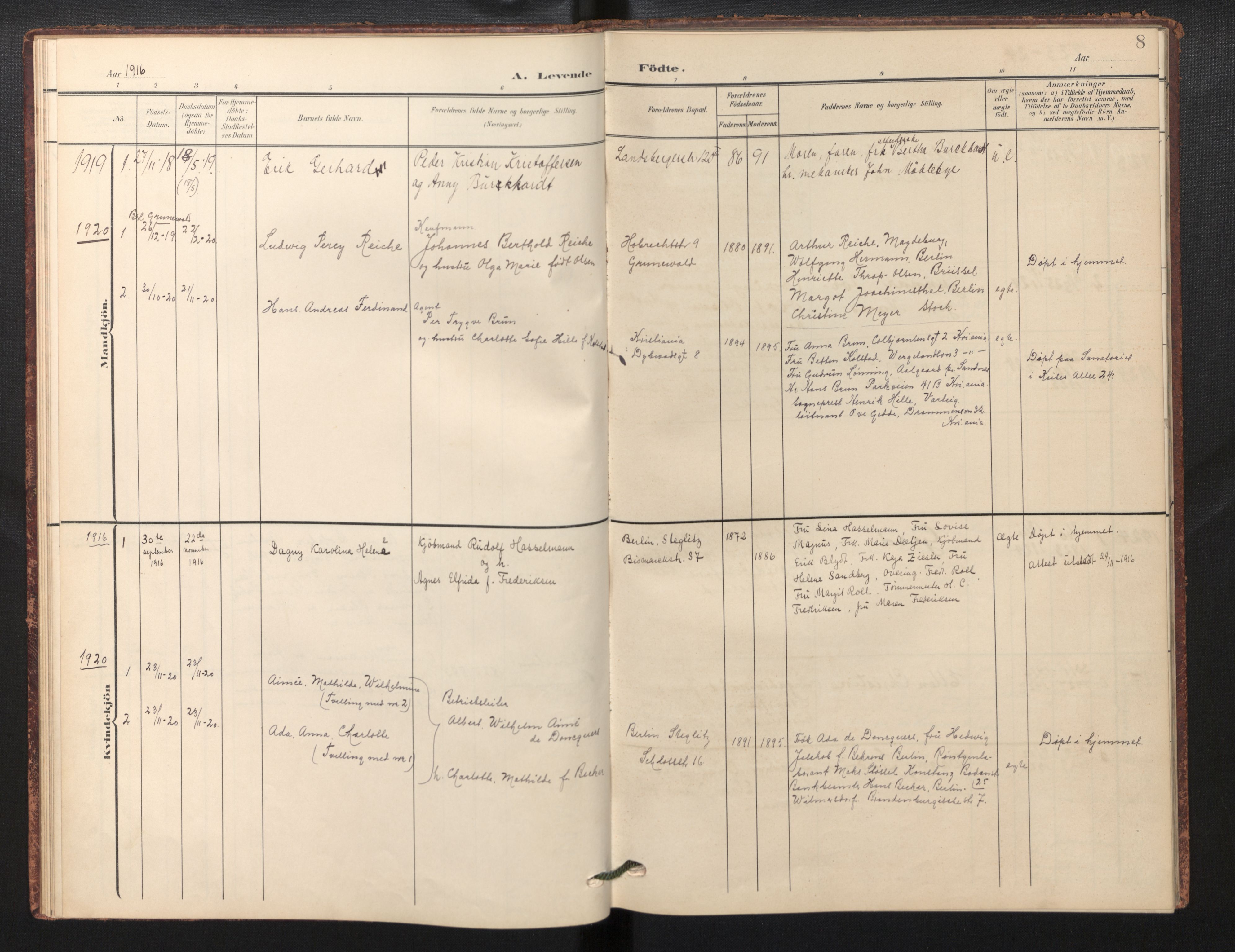 Den norske sjømannsmisjon i utlandet / Berlin, AV/SAB-SAB/PA-0360/H/Ha/L0001: Parish register (official) no. A 1, 1905-1955, p. 7b-8a