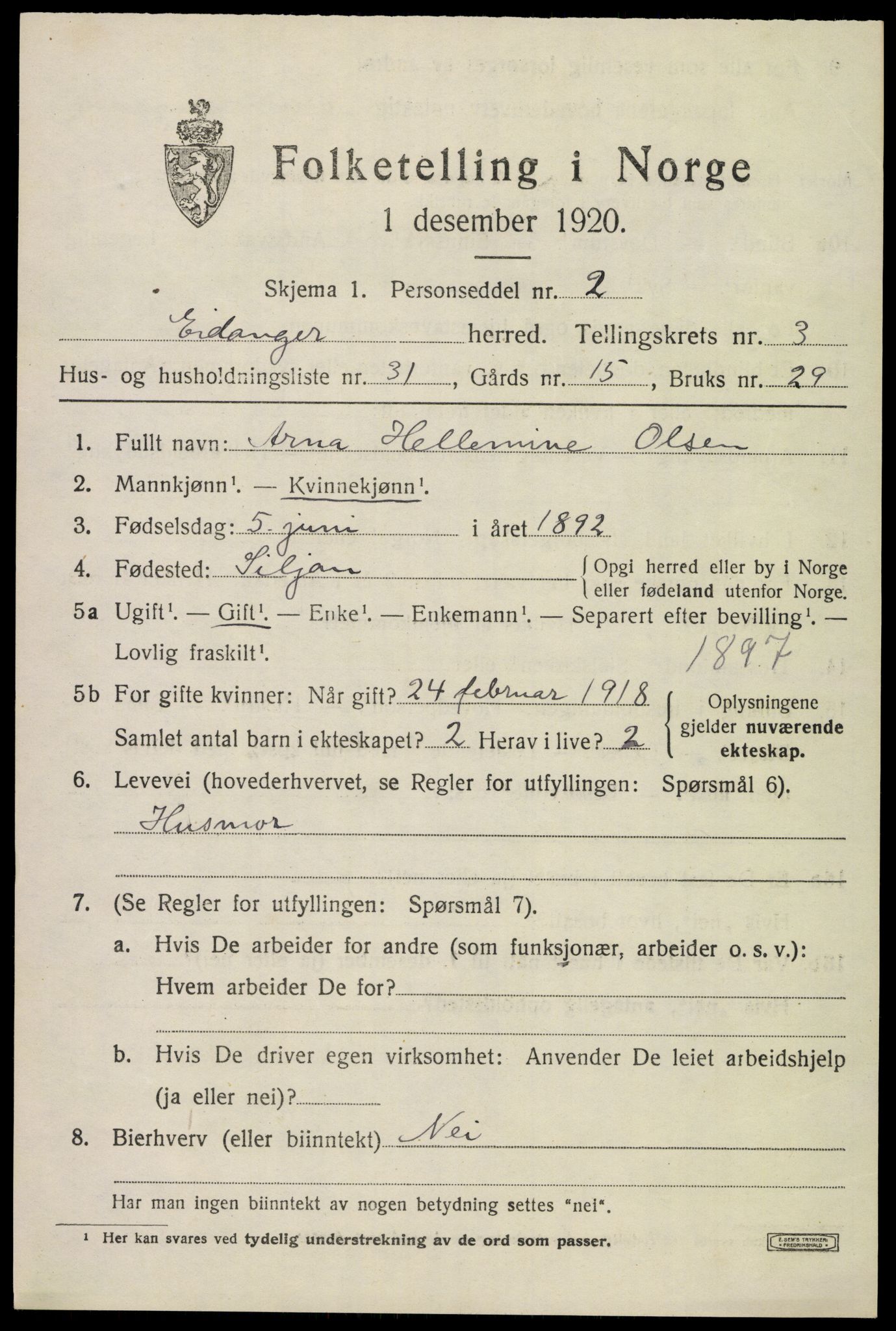 SAKO, 1920 census for Eidanger, 1920, p. 3694