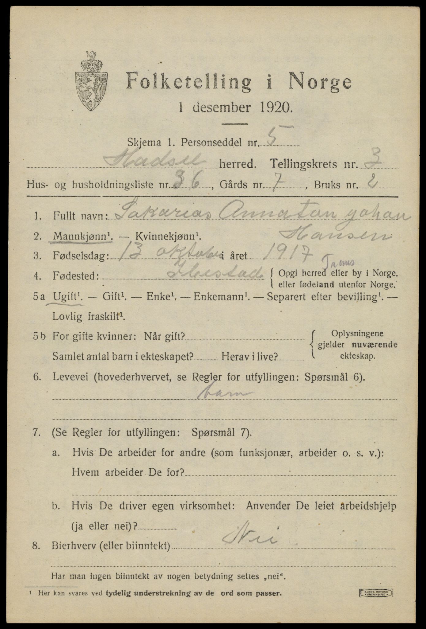 SAT, 1920 census for Hadsel, 1920, p. 5492