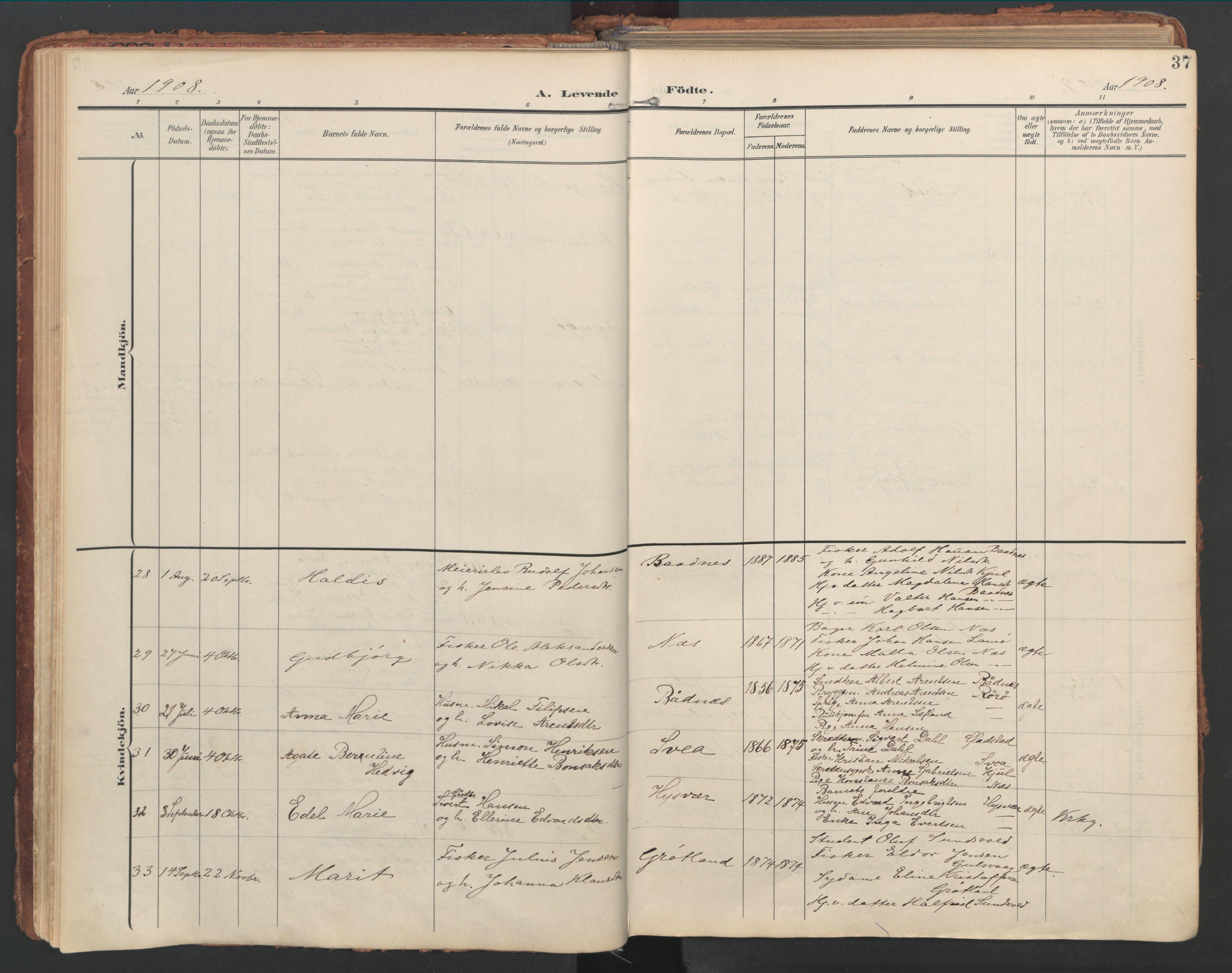 Ministerialprotokoller, klokkerbøker og fødselsregistre - Nordland, AV/SAT-A-1459/816/L0250: Parish register (official) no. 816A16, 1903-1923, p. 37