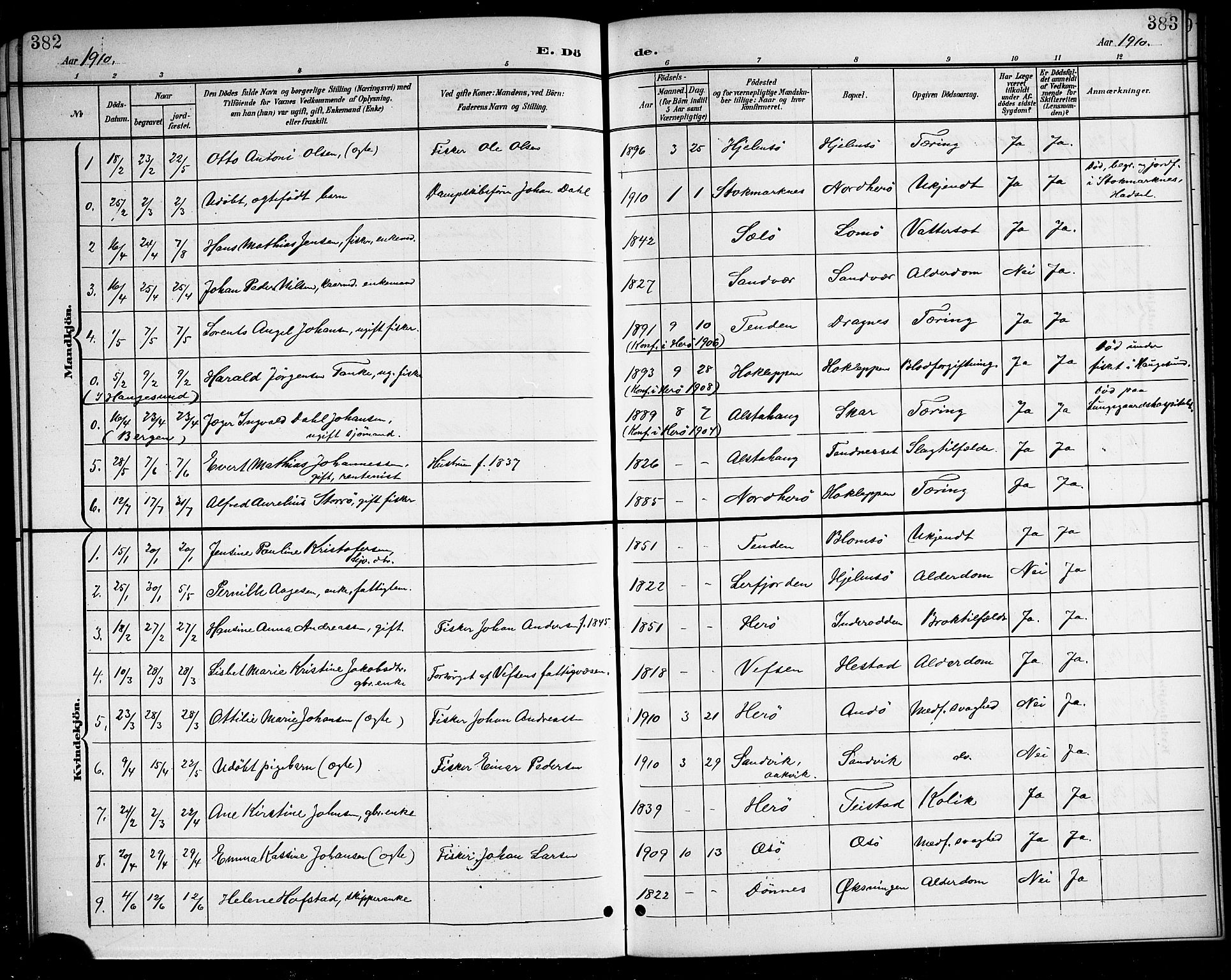 Ministerialprotokoller, klokkerbøker og fødselsregistre - Nordland, SAT/A-1459/834/L0516: Parish register (copy) no. 834C06, 1902-1918, p. 382-383